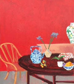 Le Salon rouge, nature morte botanique, intérieur avec fleurs violettes, fruits sur rouge