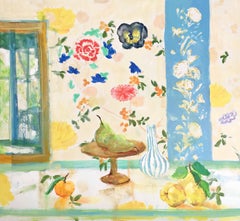 Three Quince, Still Life Interior with Green, Yellow, Orange Fruit, Flowers