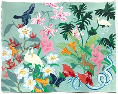 Tiger Orchid, Painting of Women, Swan, Heron, Rabbit, Flowers on Mint Background