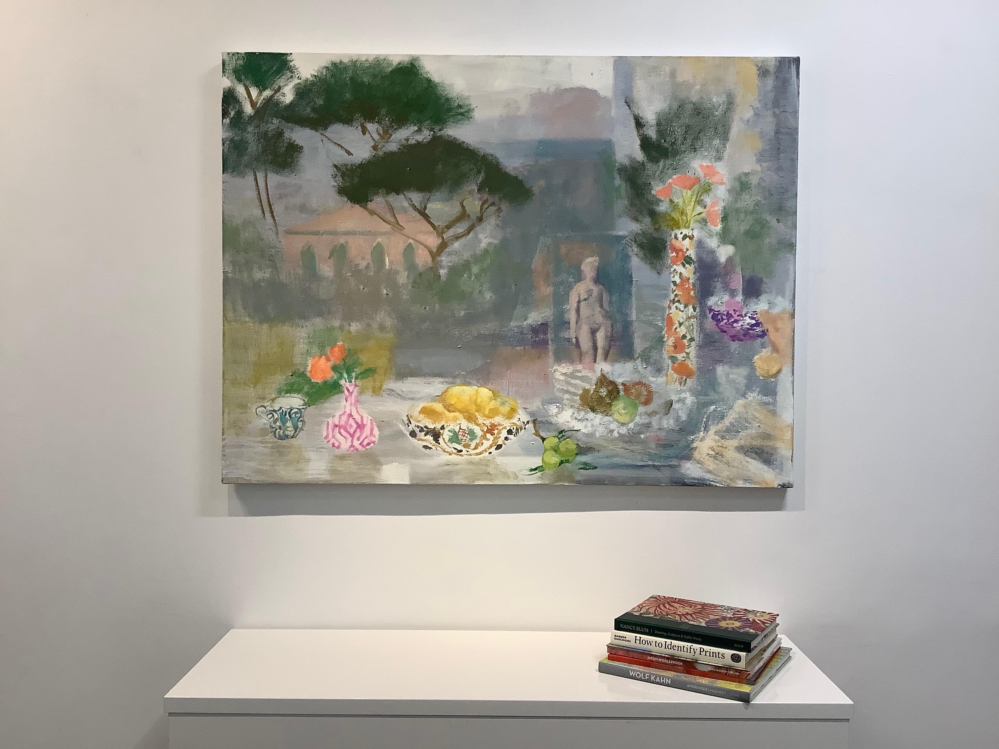 Postkartenplakat von Torcello, Obst, grüne gelbe Birnen, pfirsichfarbene Blumen, Figur, grüne Bäume – Painting von Melanie Parke