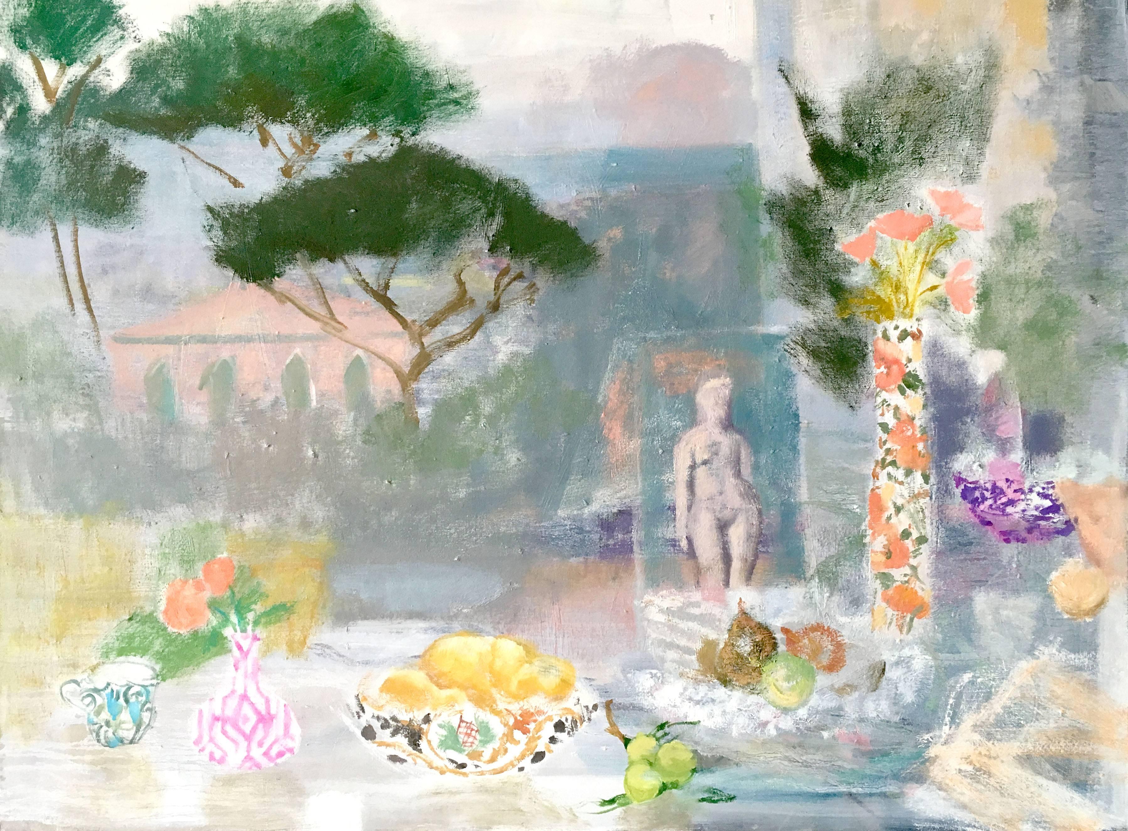 Melanie Parke Still-Life Painting – Postkartenplakat von Torcello, Obst, grüne gelbe Birnen, pfirsichfarbene Blumen, Figur, grüne Bäume