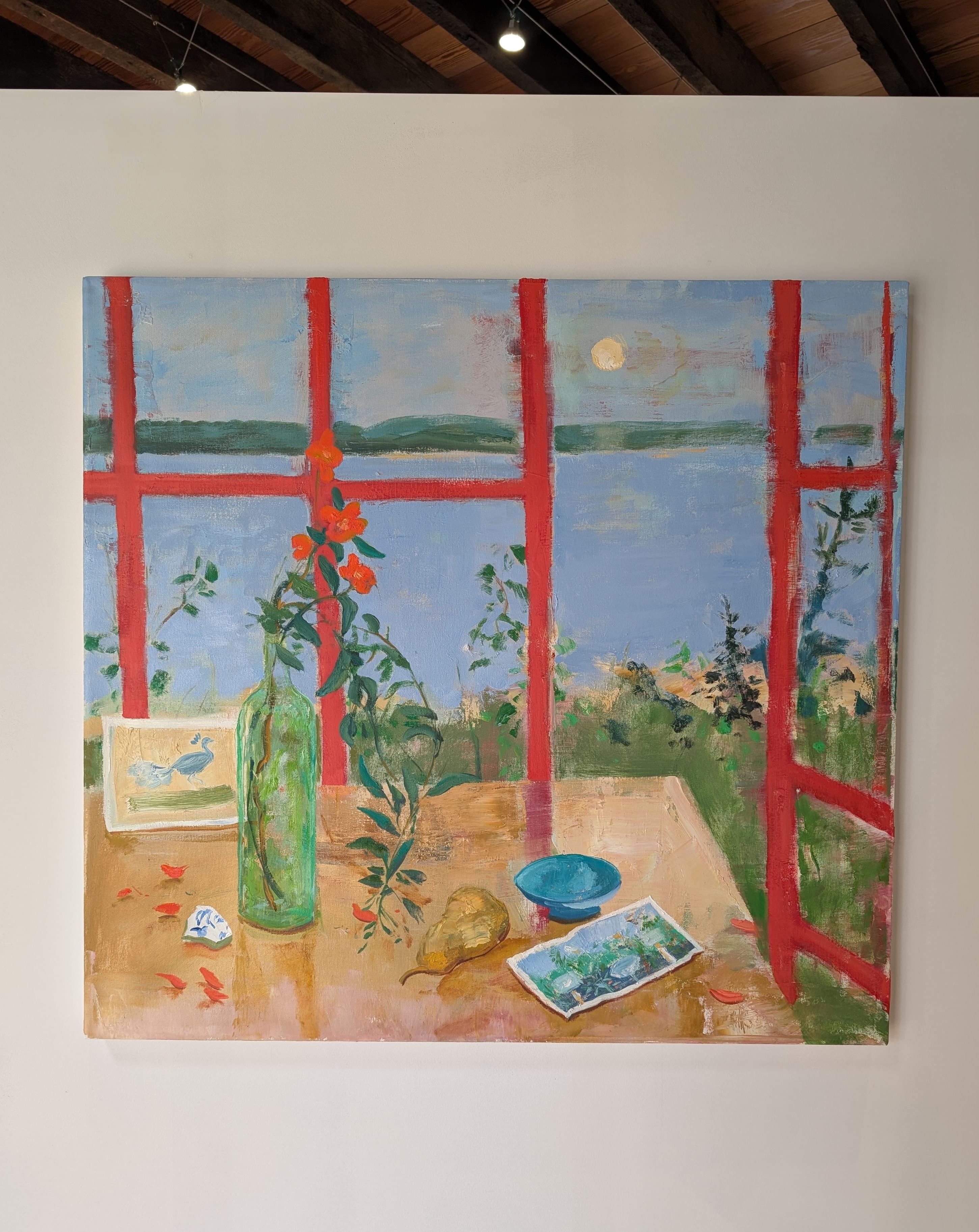 Pera en rama - Paisaje lacustre Ventana Flores Fruta Naturaleza muerta botánica, 2025 - Painting de Melanie Parke
