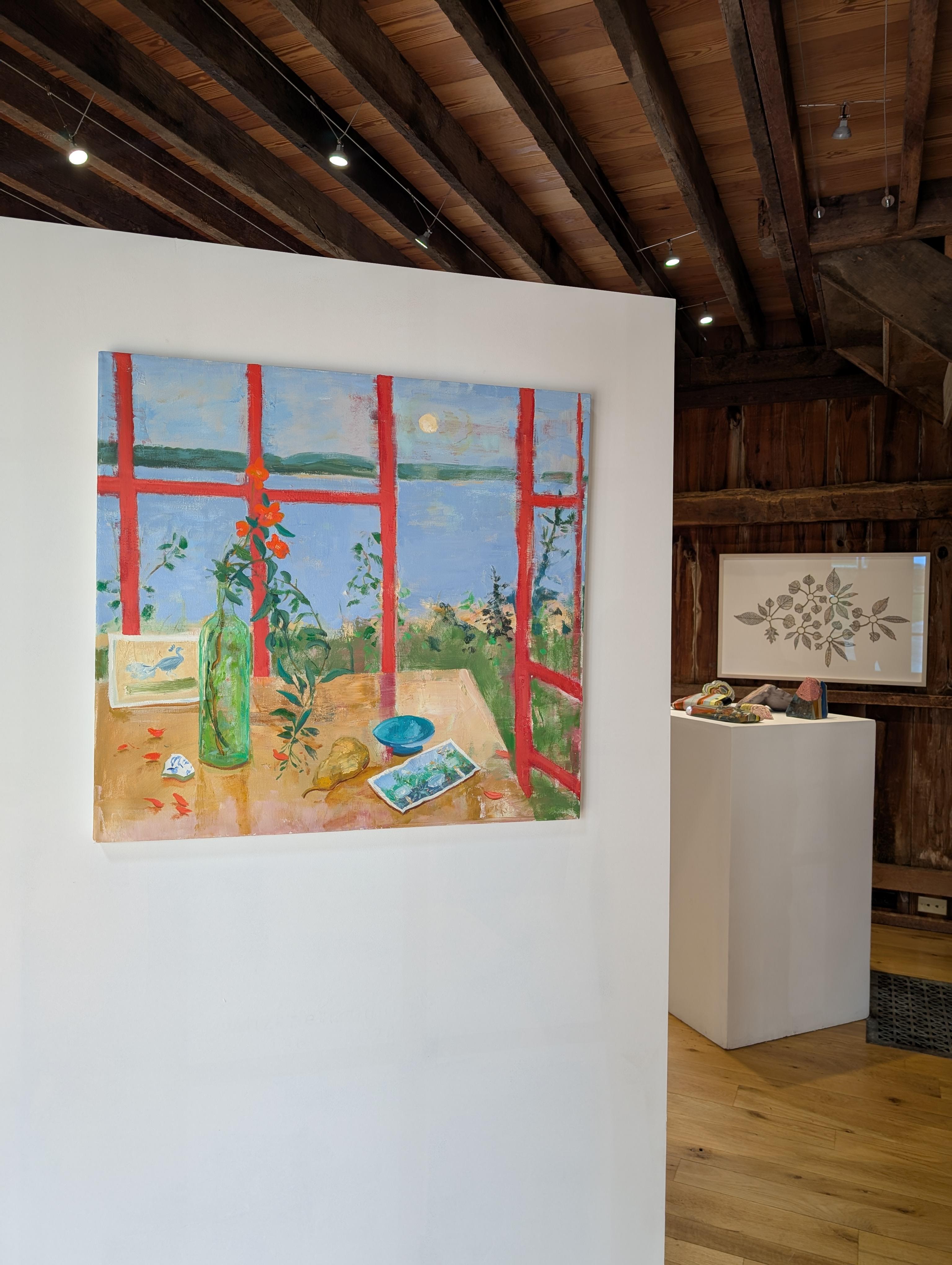 Pera en rama - Paisaje lacustre Ventana Flores Fruta Naturaleza muerta botánica, 2025 - Painting Contemporáneo de Melanie Parke