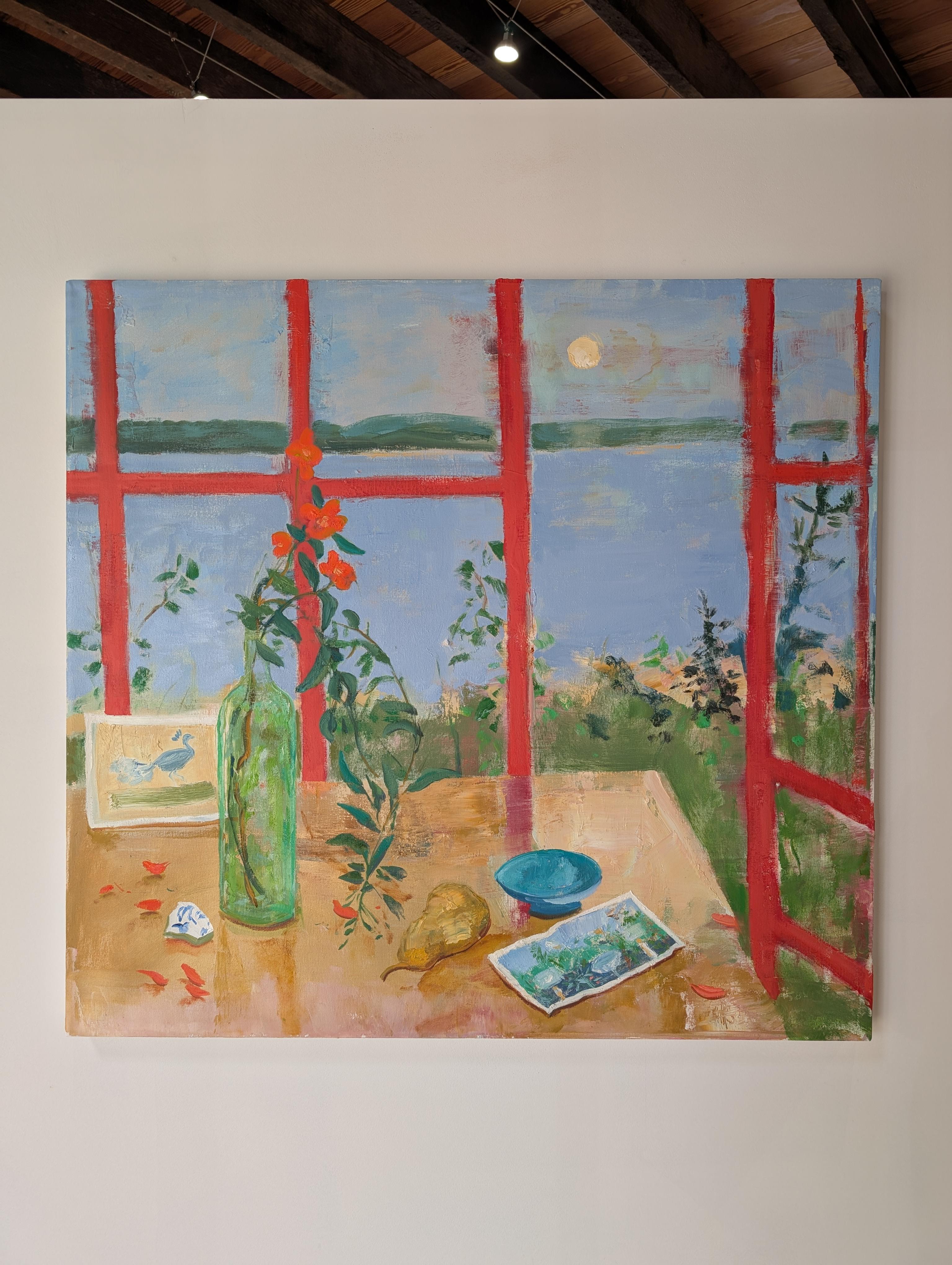 Pera en rama - Paisaje lacustre Ventana Flores Fruta Naturaleza muerta botánica, 2025 - Still-Life Painting Gris de Melanie Parke