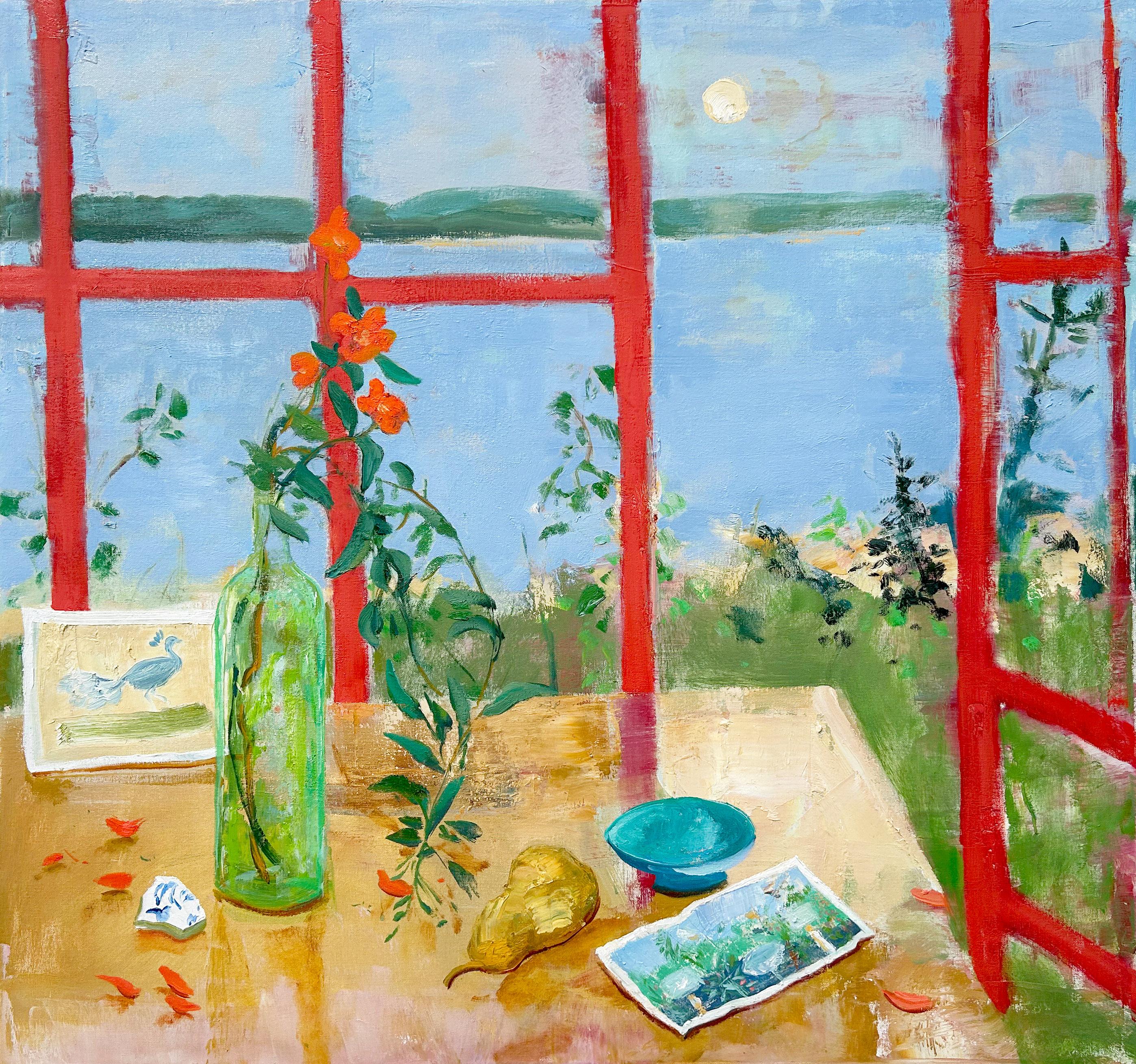 Still-Life Painting de Melanie Parke - Pera en rama - Paisaje lacustre Ventana Flores Fruta Naturaleza muerta botánica, 2025