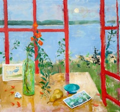 Poirier retombant - Paysage lacustre, nuit, fenêtre, lune, fleurs, fruits, nature morte, 2025