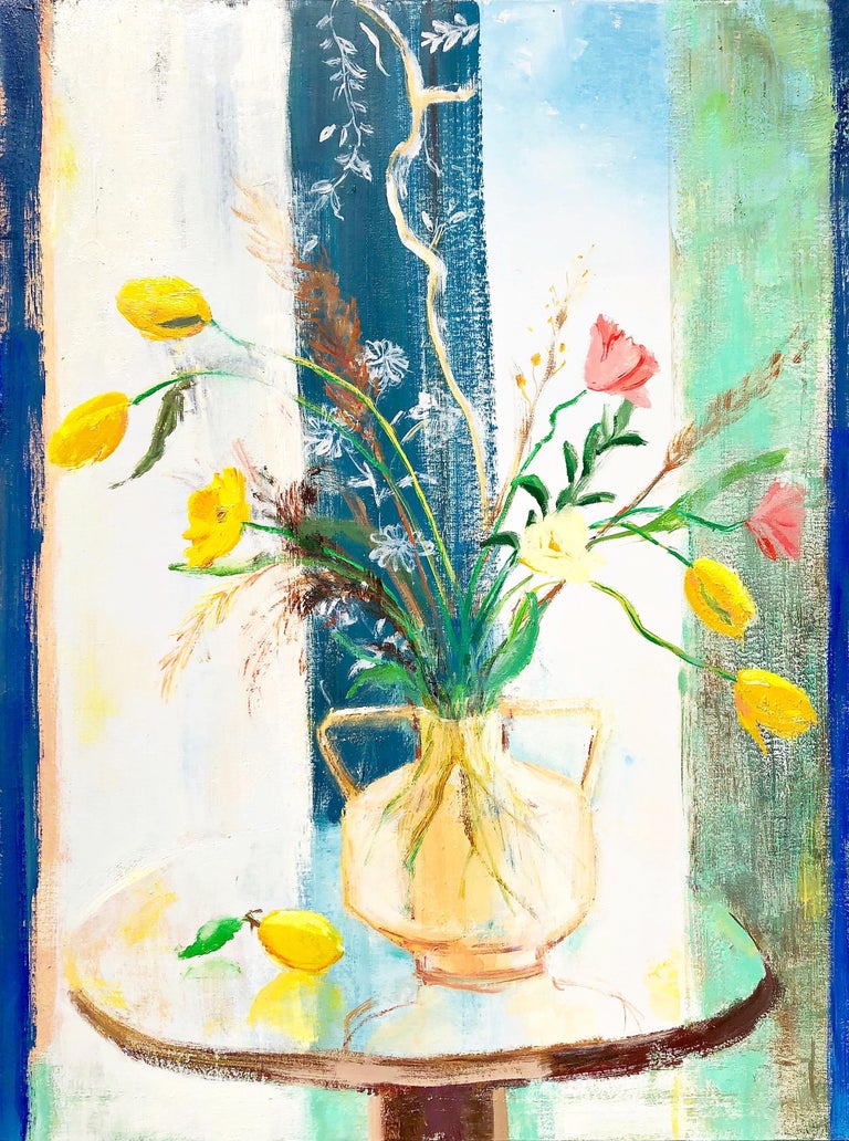Melanie Parke Interior Painting - "Tulip Band"  Matisse-like Still Life/Interior of Tulips in Glass against Window