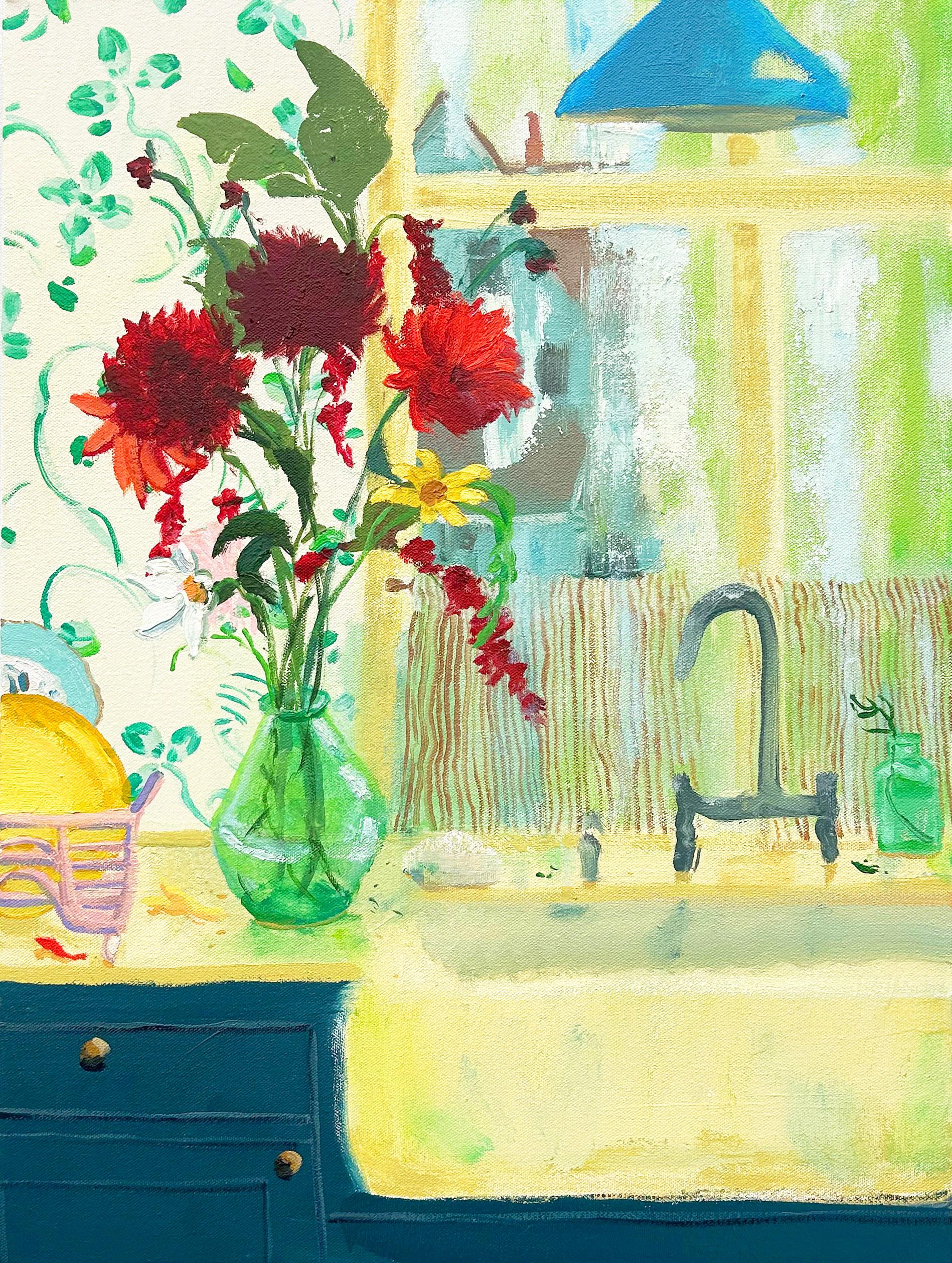 Interior Painting de Melanie Parke - Watervale Amarillo - Bodegón Contemporáneo Flores Rojas Cocina Ventana, 2024