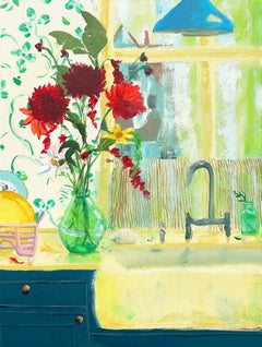 Watervale Yellow - Contemporary Still Life Red Flowers Kitchen Window, 2024