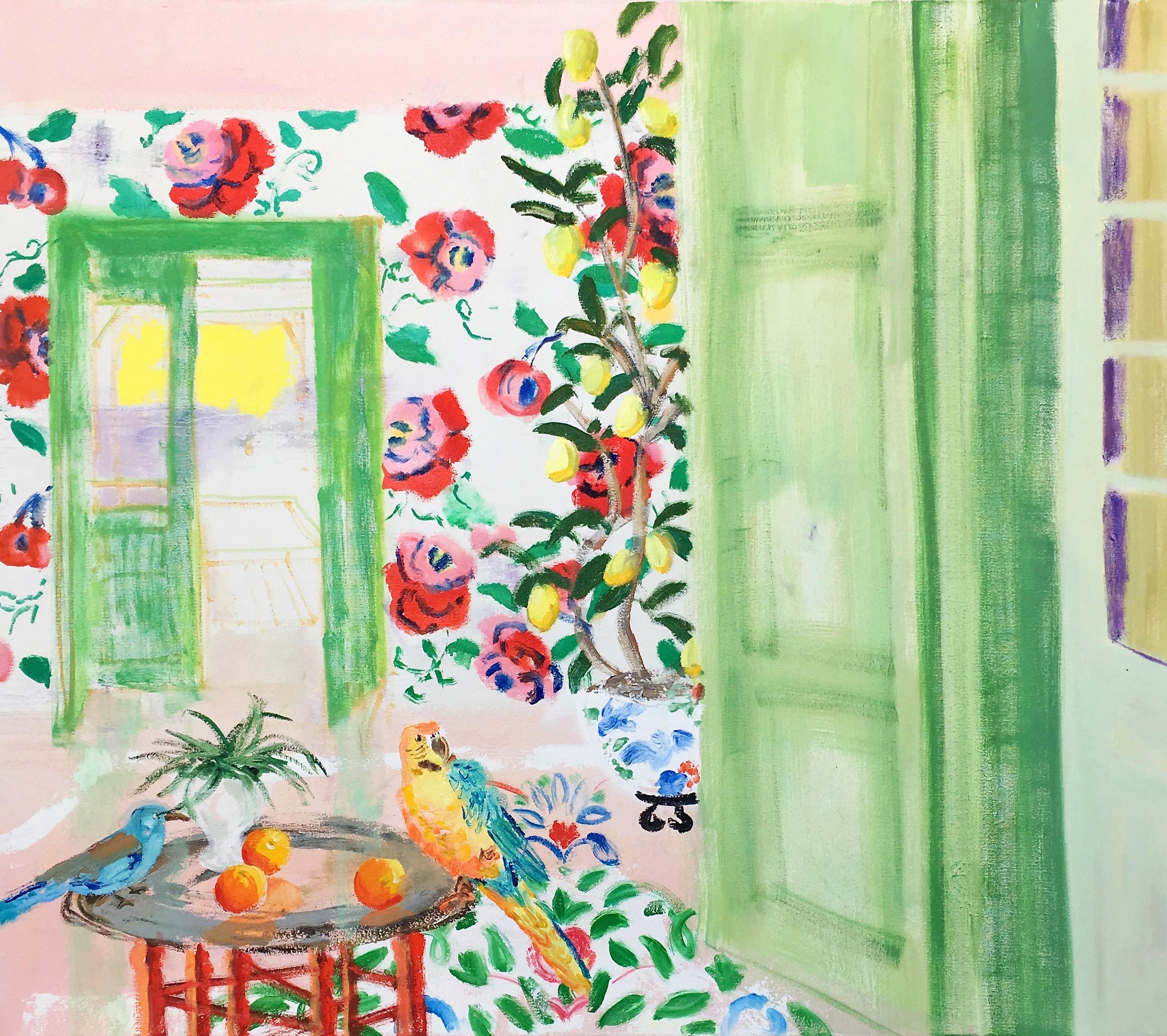 Melanie Parke Interior Painting - "Way to the Lemon Grove" Matisse-like Interior Birds/Flowers PinkGreenBlueOrange