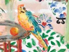 "Way to the Lemon Grove" Matisse-like Interior Birds/Flowers PinkGreenBlueOrange