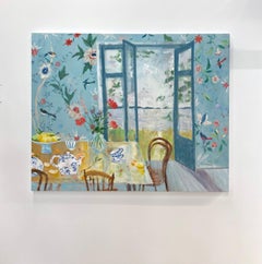 Keilholz, Interieurgemälde, botanisches Stillleben mit roten Blumen und blau-gelben Früchten