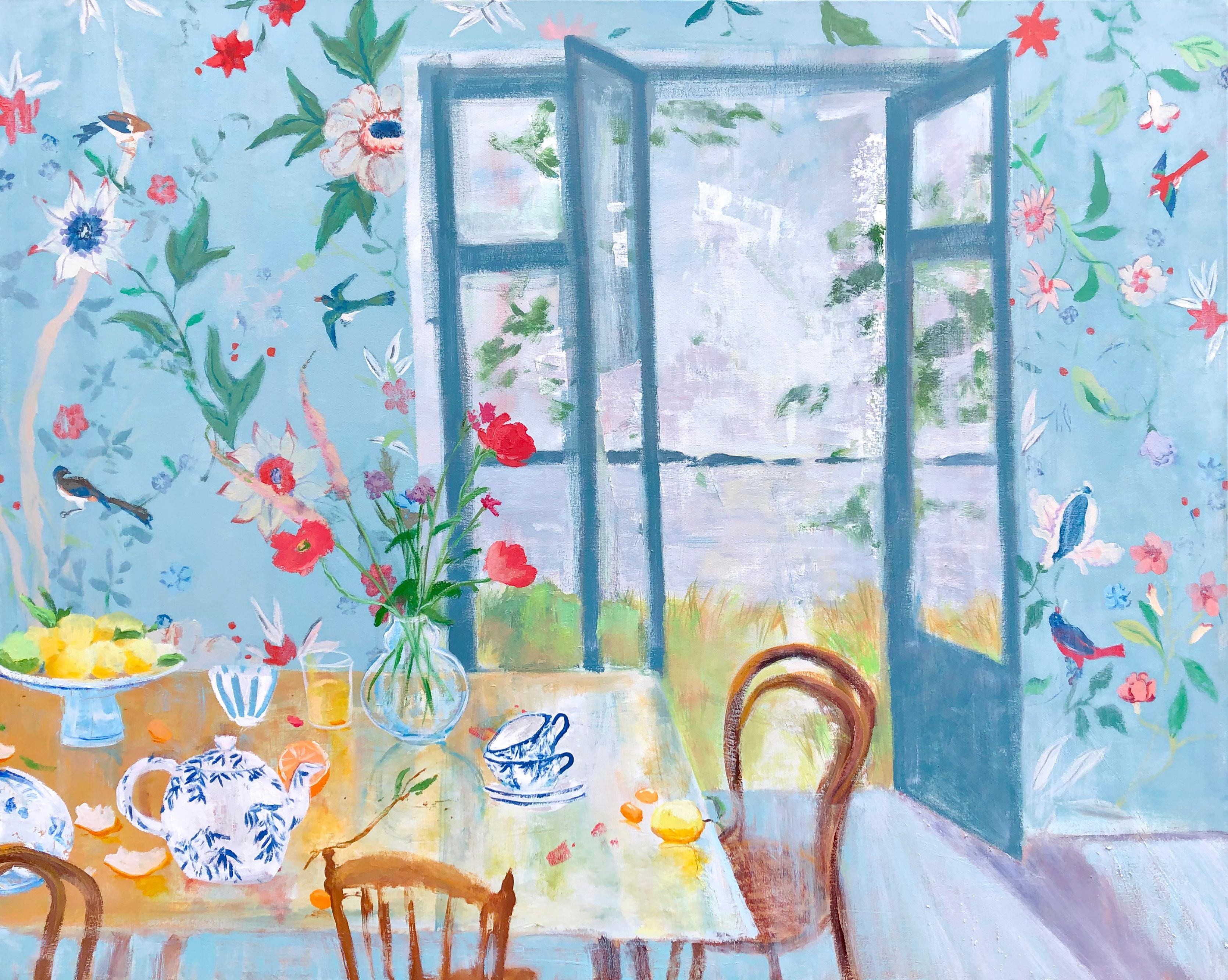 Melanie Parke Still-Life Painting - Wedgewood, Interior Painting Botanical Still Life Red Flowers, Blue Yellow Fruit