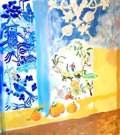 "Yellow Spring"  Matisse-like Interior of Blue Chinoiserie/ Orange/Flower/Fruit