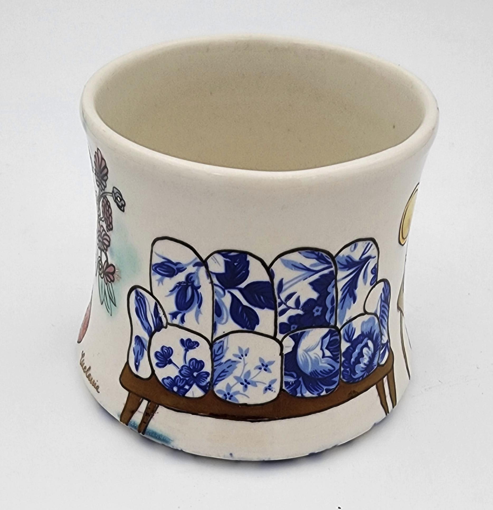 Cup with Interior III (Hand-Painted, Gold Luster, Vase, Flowers, Bookcase) - Modern Mixed Media Art by Melanie Sherman