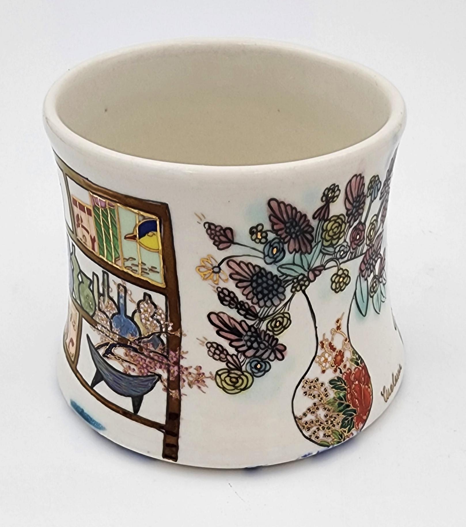 Melanie Sherman
Cup with Interior III (Hand-Painted, Gold Luster, Vase, Flowers, Bookcase)
Porcelaneous Stoneware, Underglaze, Glaze, Porcelain Paint, Hand-made Vintage Decals, Gold Luster, Platinum Luster
Year: 2023
Size: 2.5x3.5x3.5in
Signed by
