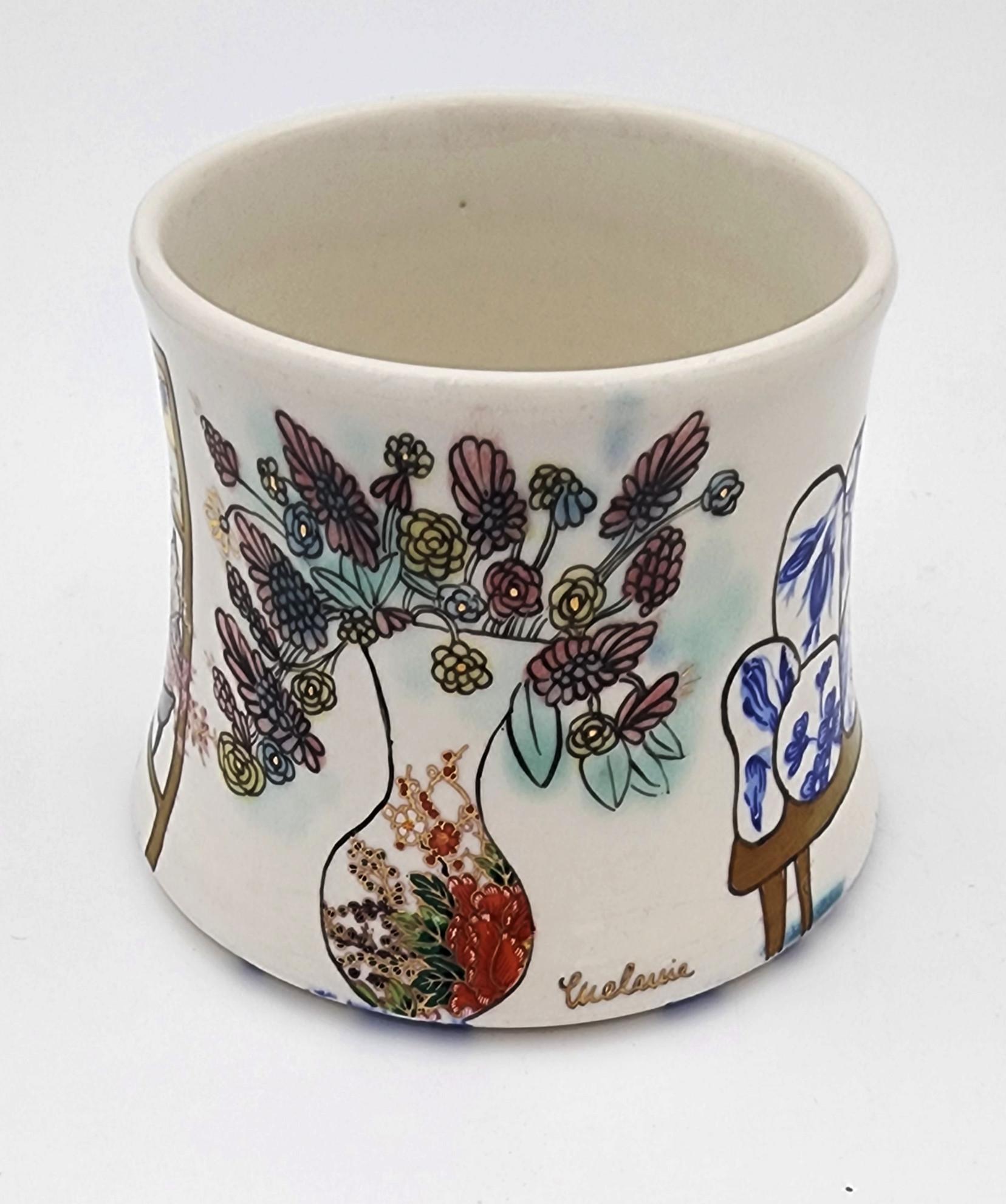 Cup with Interior III (Hand-Painted, Gold Luster, Vase, Flowers, Bookcase) - Mixed Media Art by Melanie Sherman