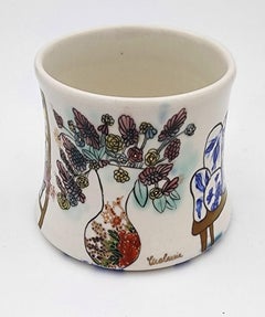 Cup with Interior III (Hand-Painted, Gold Luster, Vase, Flowers, Bookcase)