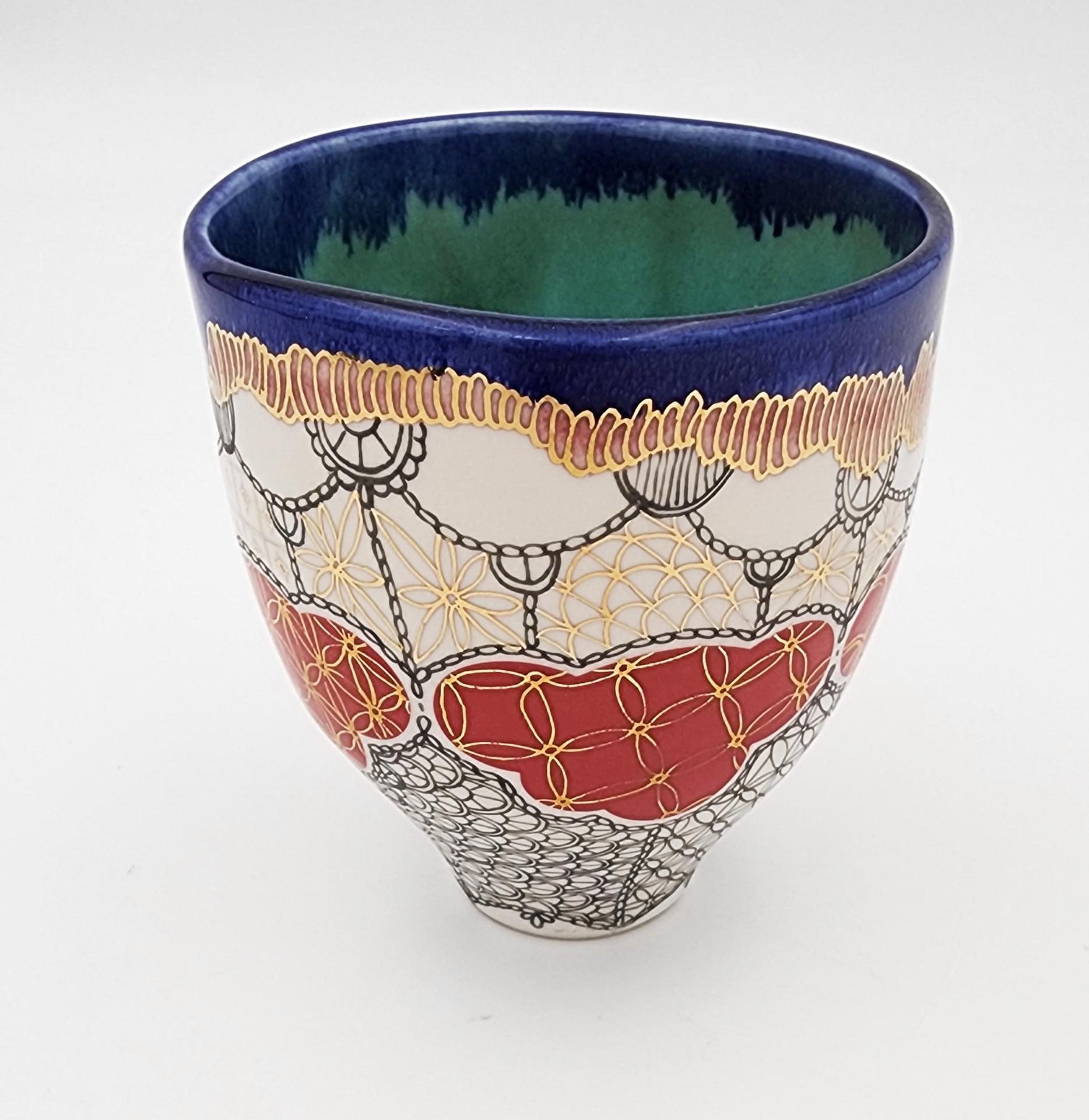 Cup with Patterns I (Hand-Painted, Gold Luster) - Modern Sculpture by Melanie Sherman