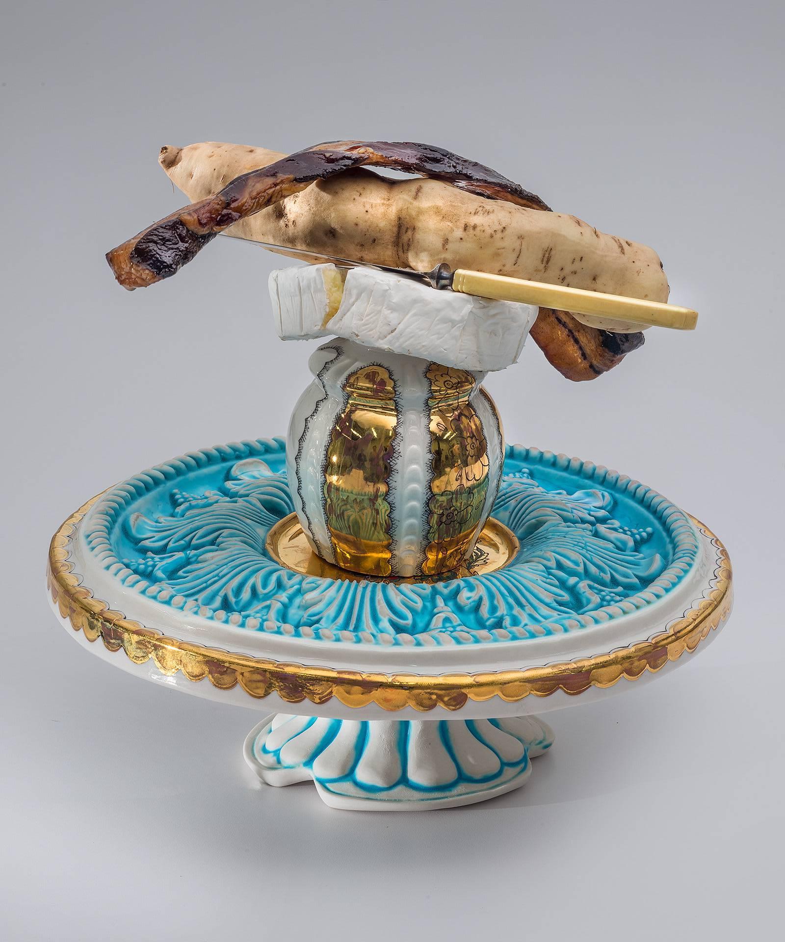 Memento Mori - Cake Stand, Cup, Bacon, Vegetable & Brie - Photograph by Melanie Sherman