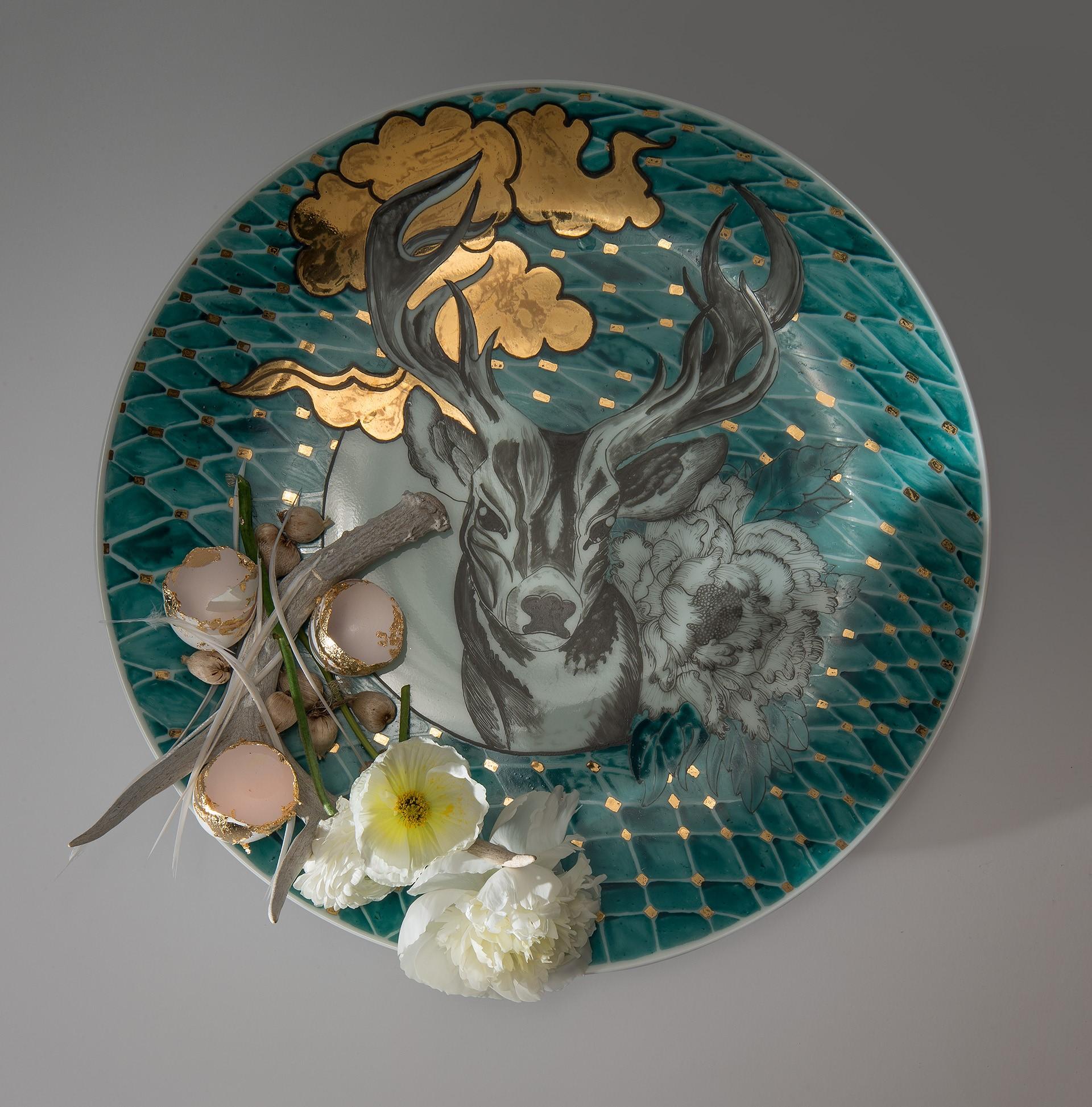  Plate with Antler, Flowers, Egg Shells, Onions and Fish (Memento Mori)