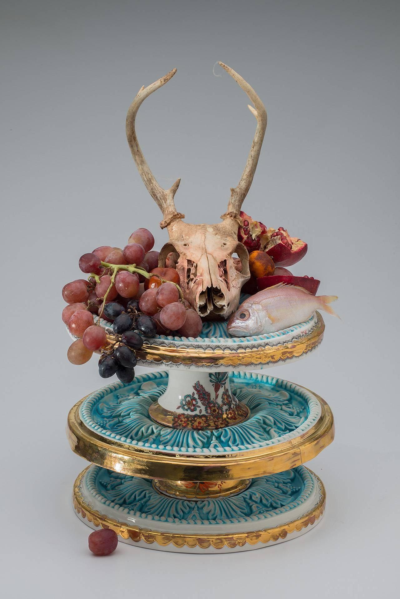 Melanie Sherman Still-Life Photograph - Platters, Vases & Fish, Grapes, Berries, Pomegranate, Deer Skulls (Memento Mori)