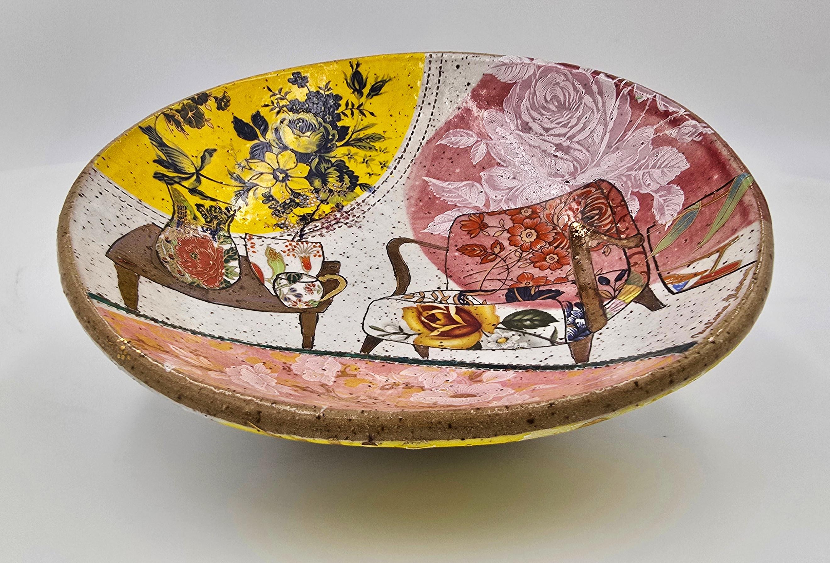 Melanie Sherman
Bowl with Lounge Chair & Coffee Table
Earthenware, 24K German Gold Luster, Glaze, Underglaze, China Paints, Vintage Transfers, Multiple Cone 6 Firings, Hand-built 
2024
Size: 1.75 x 6.25 x 6.25 inches (4.44 x 15.87 x 15.87 cm)
Signed