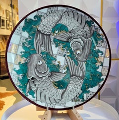 Plato grande Koi (Pintado a mano, Imágenes vintage, Asiático, Icónico, Flocado)