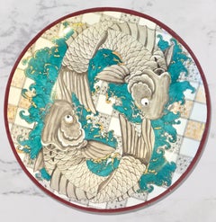 Große Koi-Platte (Handbemalte, Vintage-Bilder, Asiatisch, Ikonisch, Schwebend)