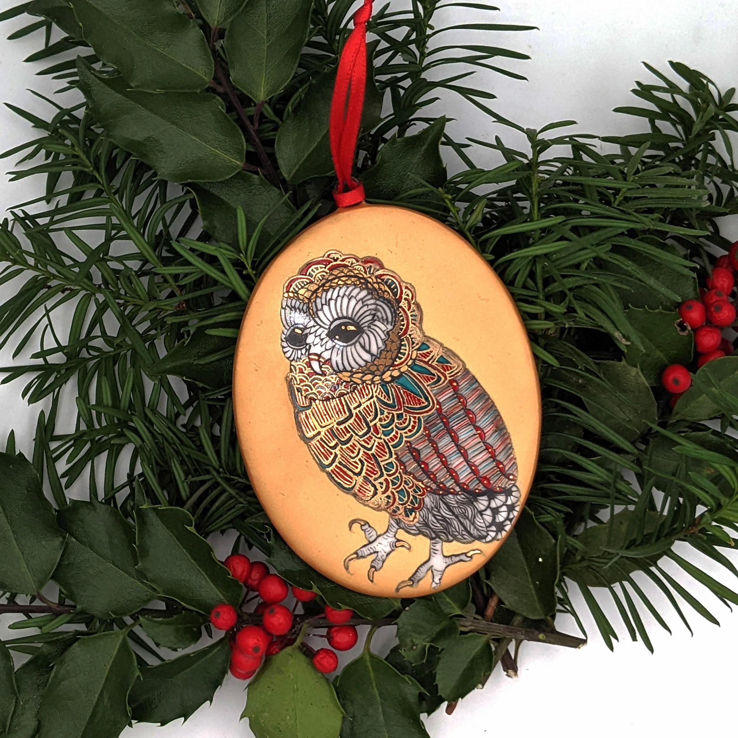 Ornament  Owl (Medium) (MADE TO ORDER) (Hand-painted, hand-made, porcelain) - Sculpture by Melanie Sherman