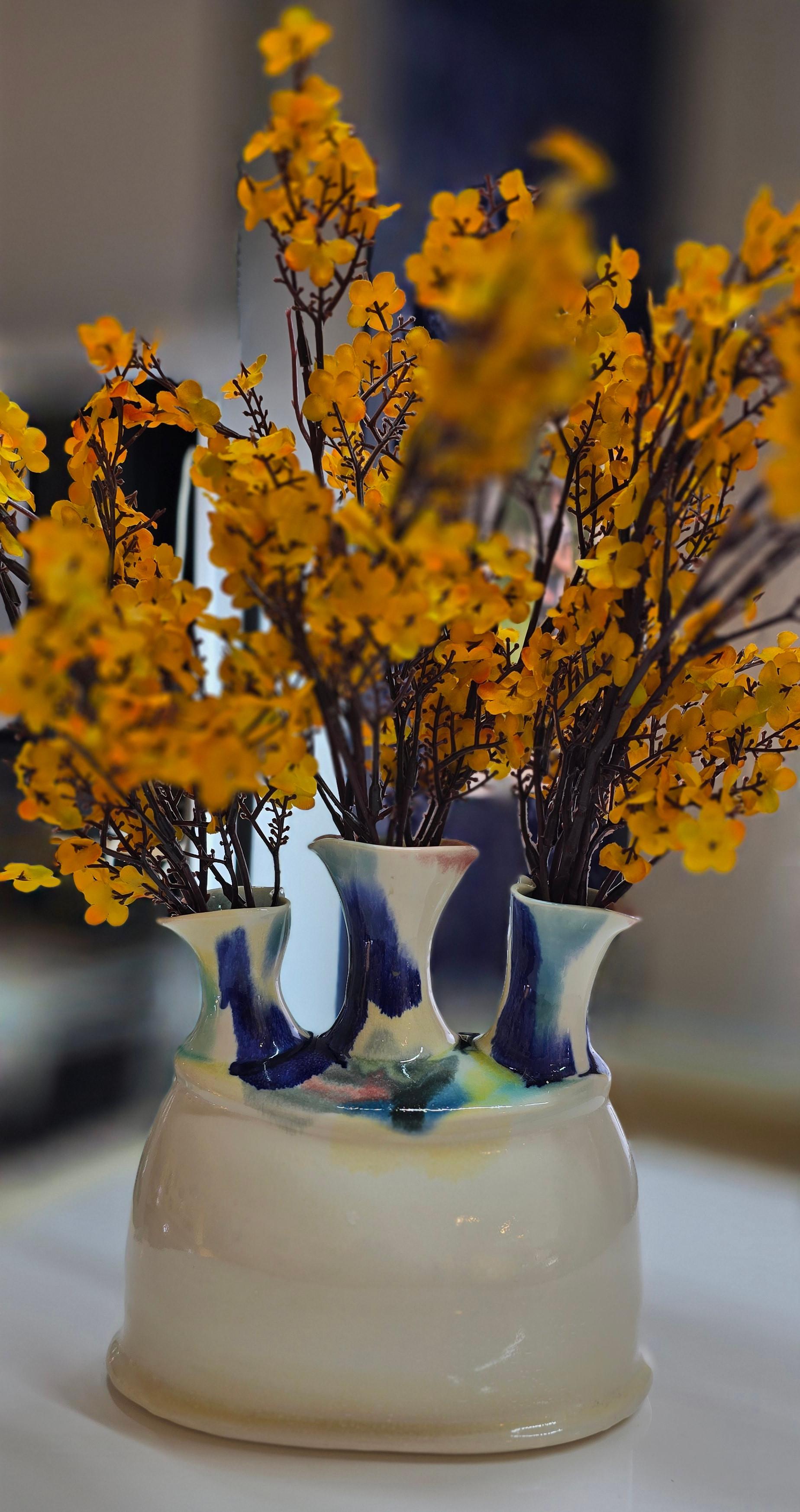 Vase with 3 Openings  (Handmade, Pastel, Warm Tones, Smooth, Curvy) - Modern Sculpture by Melanie Sherman