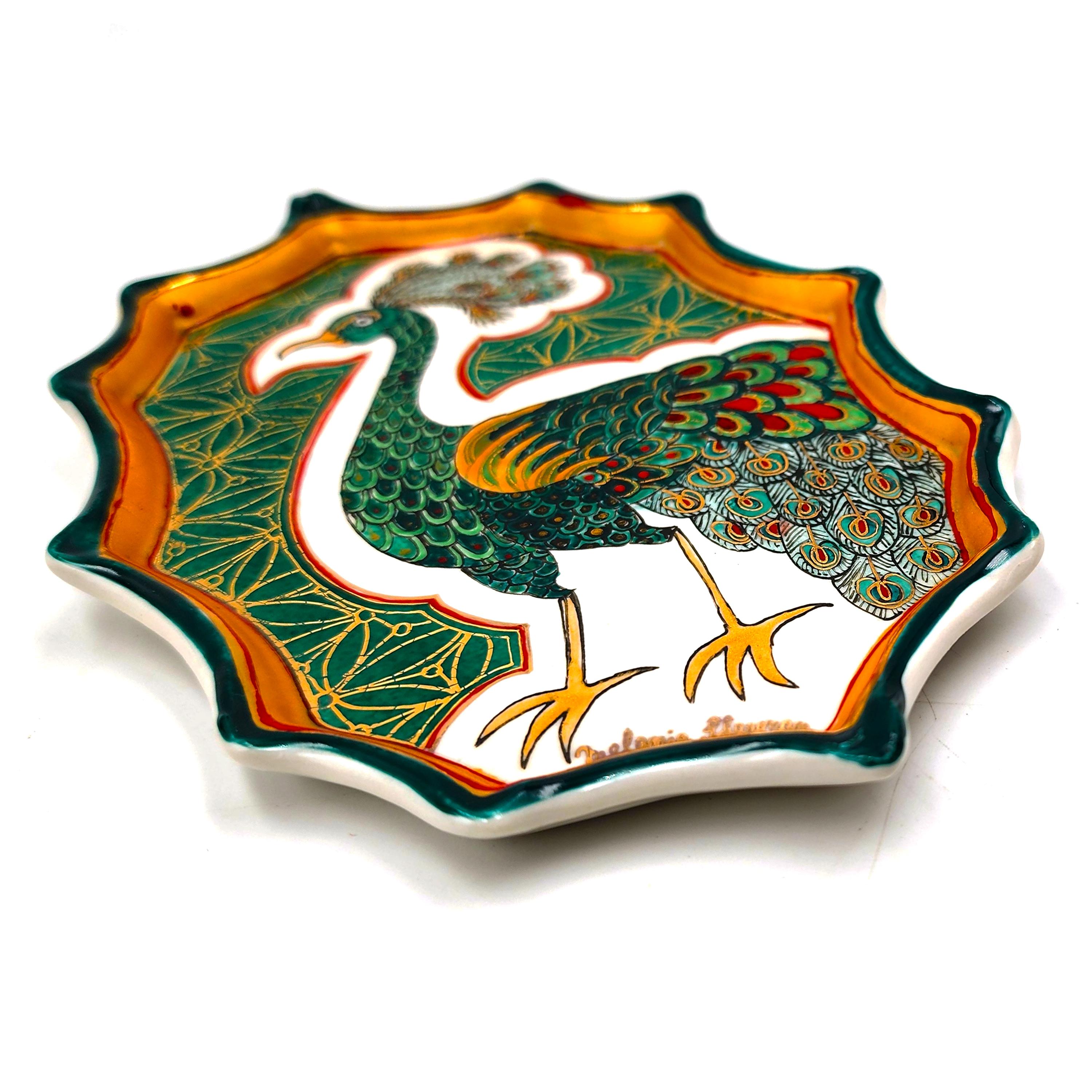 (MADE TO ORDER) (Hand-painted, hand-made, porcelain)
*Lead Time may vary between 1-3 weeks

Melanie Sherman
Vintage Peacock II (Wall Piece/Dish (handpainted)
Porcelain, Glaze, Overglaze, Chinapaints, 24k German Gold Luster, Brass Wire (for hanging,