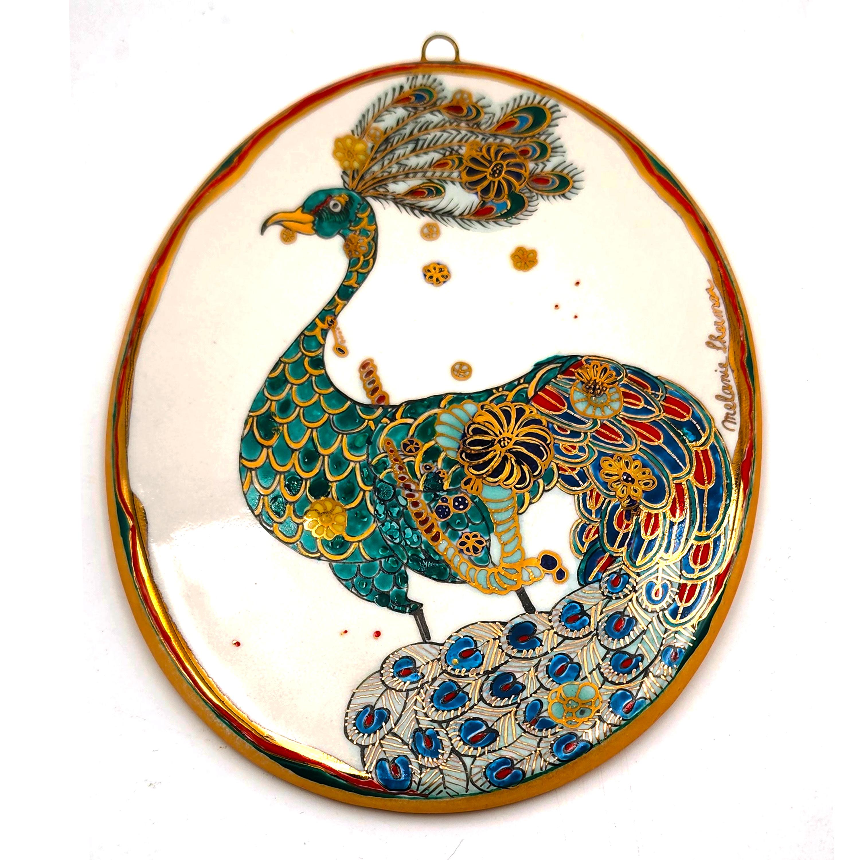 Melanie Sherman Figurative Sculpture - Vintage Peacock III (Wall Piece/Dish (hand-painted, made to order by the artist)