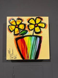 Melanie Simard, "Due raggi di sole", quadro a tecnica mista con bouquet floreale 12x12
