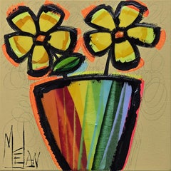 Melanie Simard, "Due raggi di sole", quadro a tecnica mista con bouquet floreale 12x12