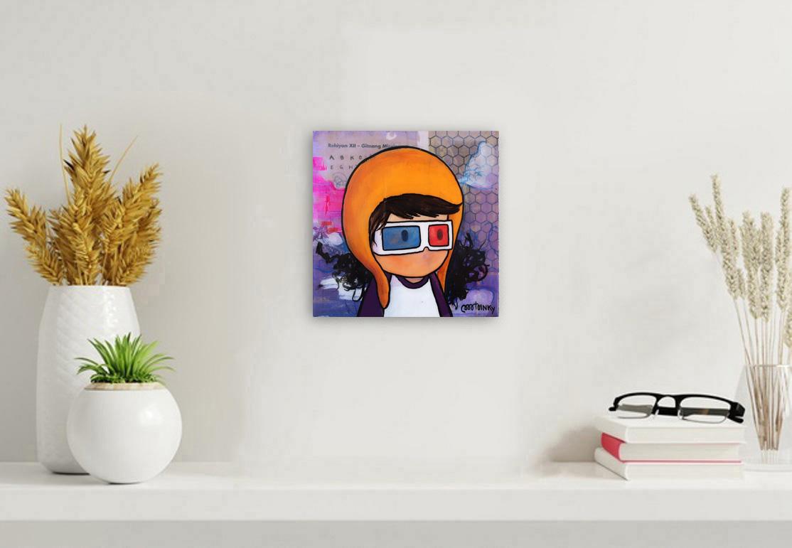 The One With The 3D Glasses - Original Joyful Whimsical Illustration Painting For Sale 3