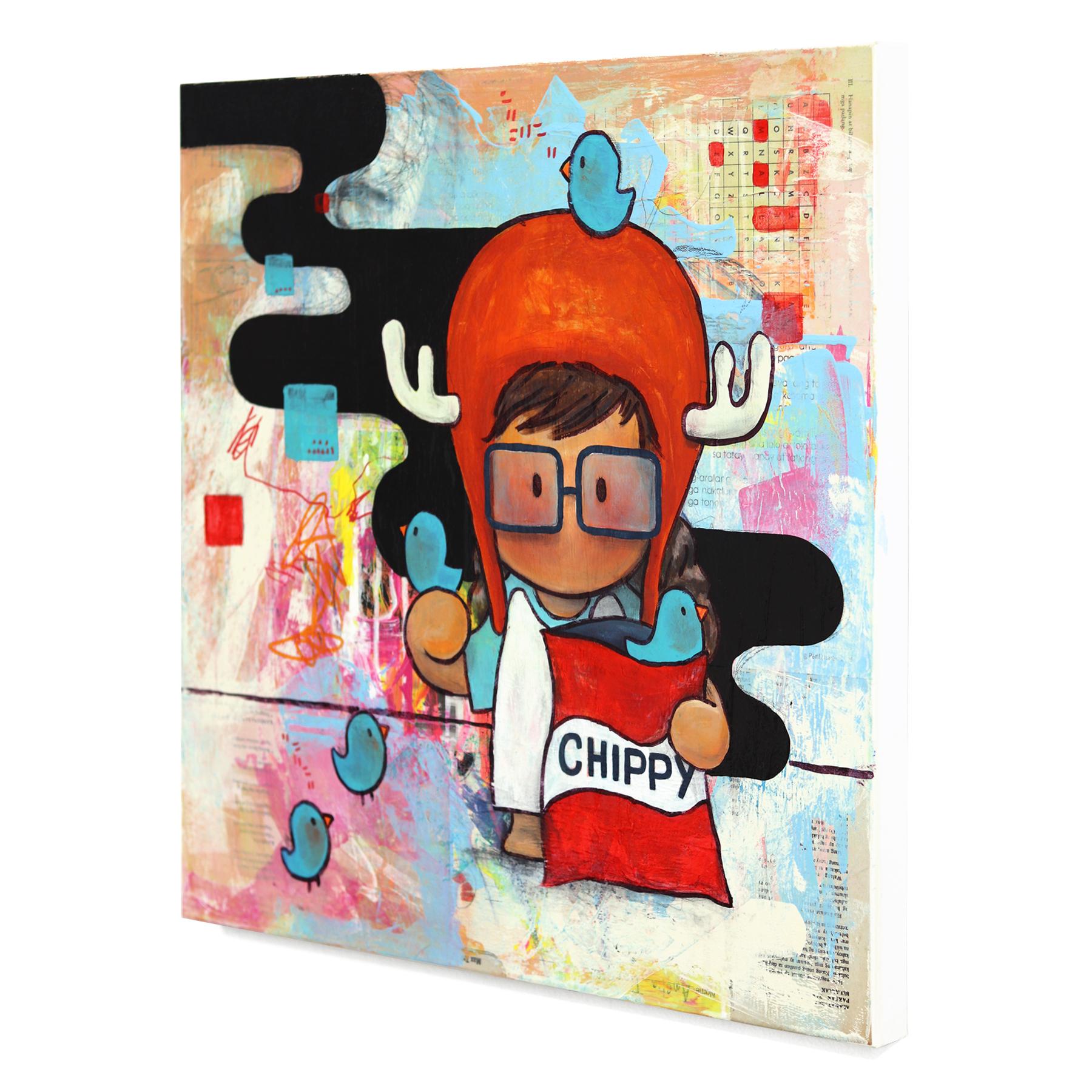 The One With The Chippy - Colorful Whimsical Mixed Media Figurative Artwork - Beige Figurative Painting by Melanie Tiongson