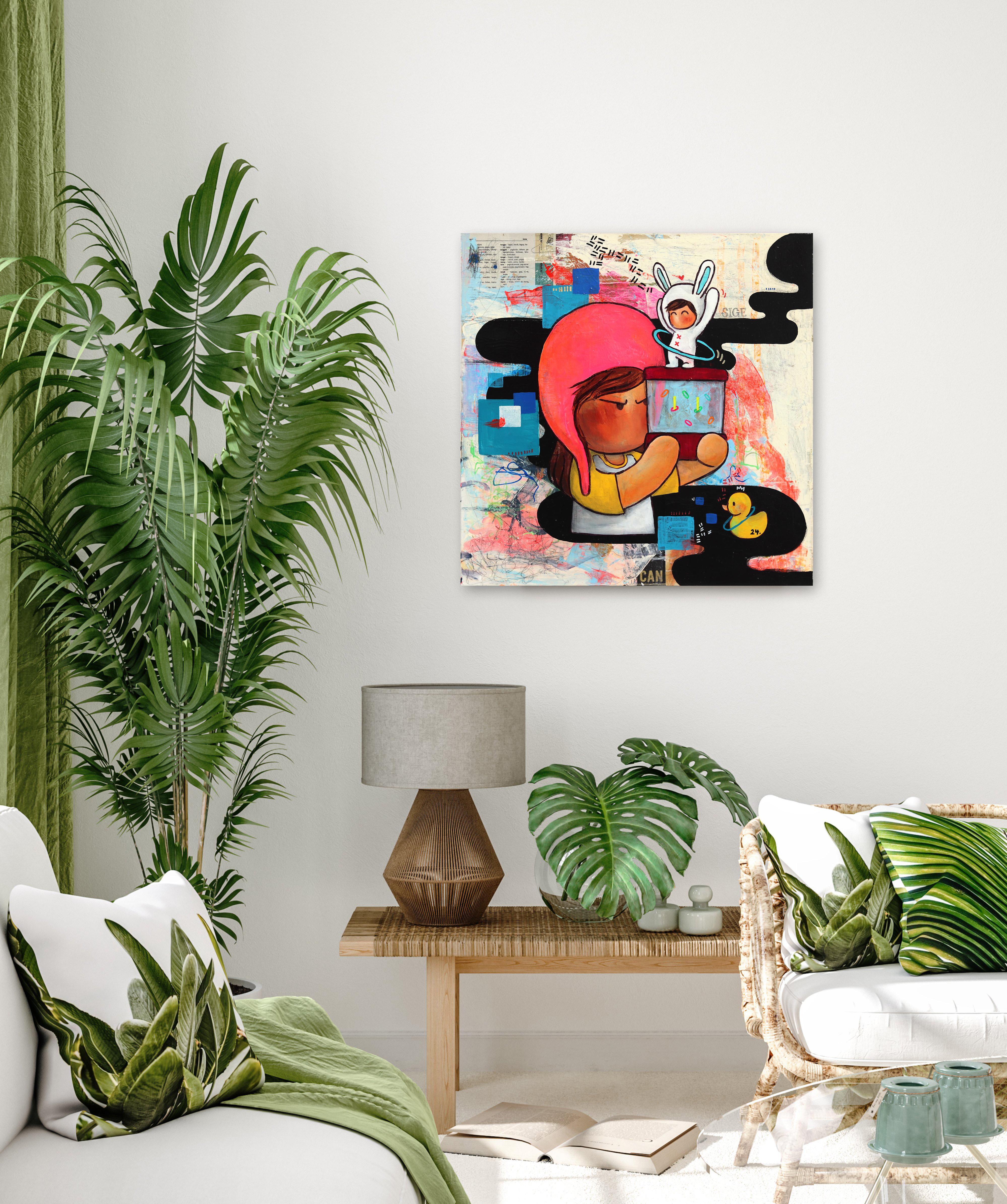 The One With the Game - Buntes zeitgenössisches figuratives Kunstwerk aus gemischten Medien – Painting von Melanie Tiongson