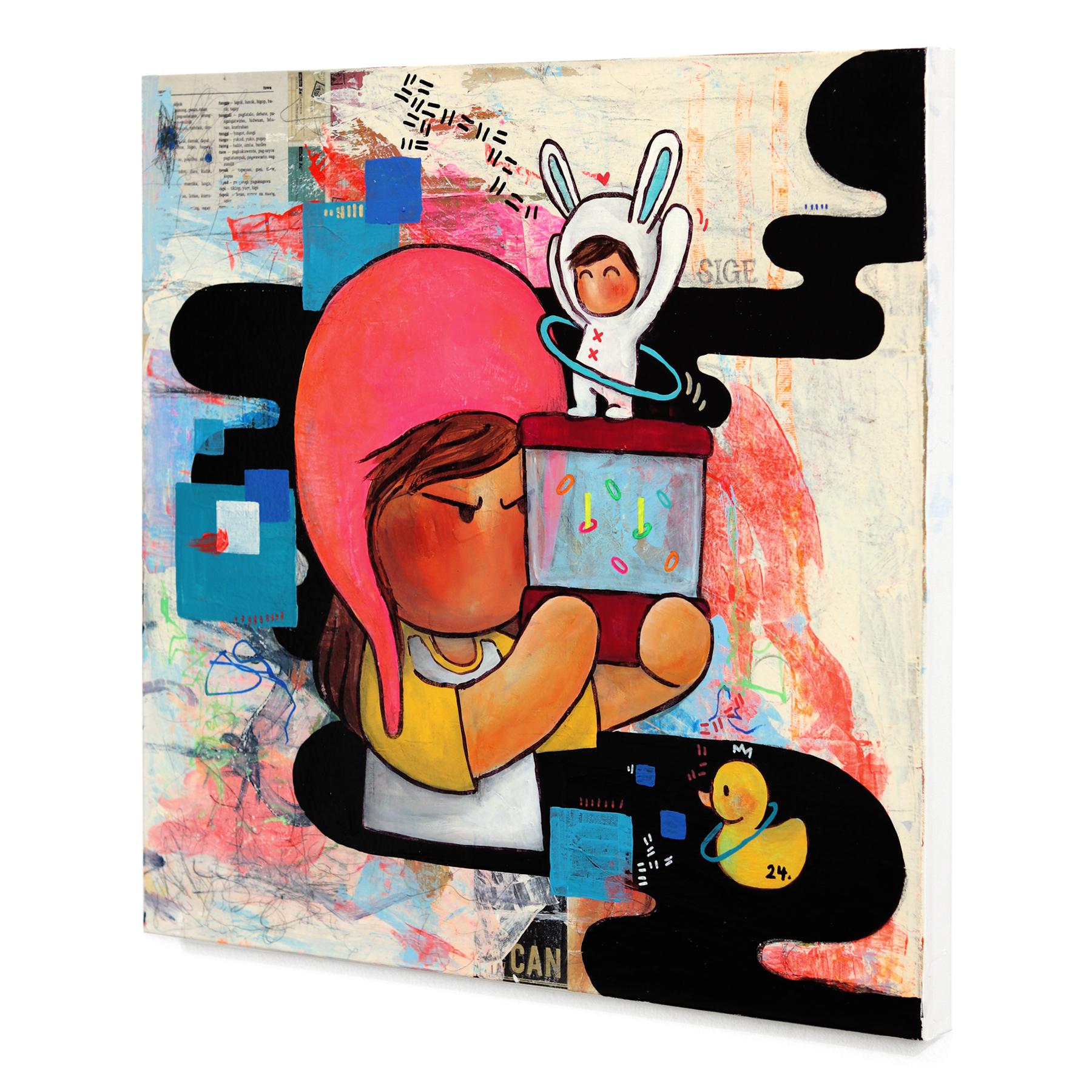 The One With the Game - Buntes zeitgenössisches figuratives Kunstwerk aus gemischten Medien (Beige), Figurative Painting, von Melanie Tiongson
