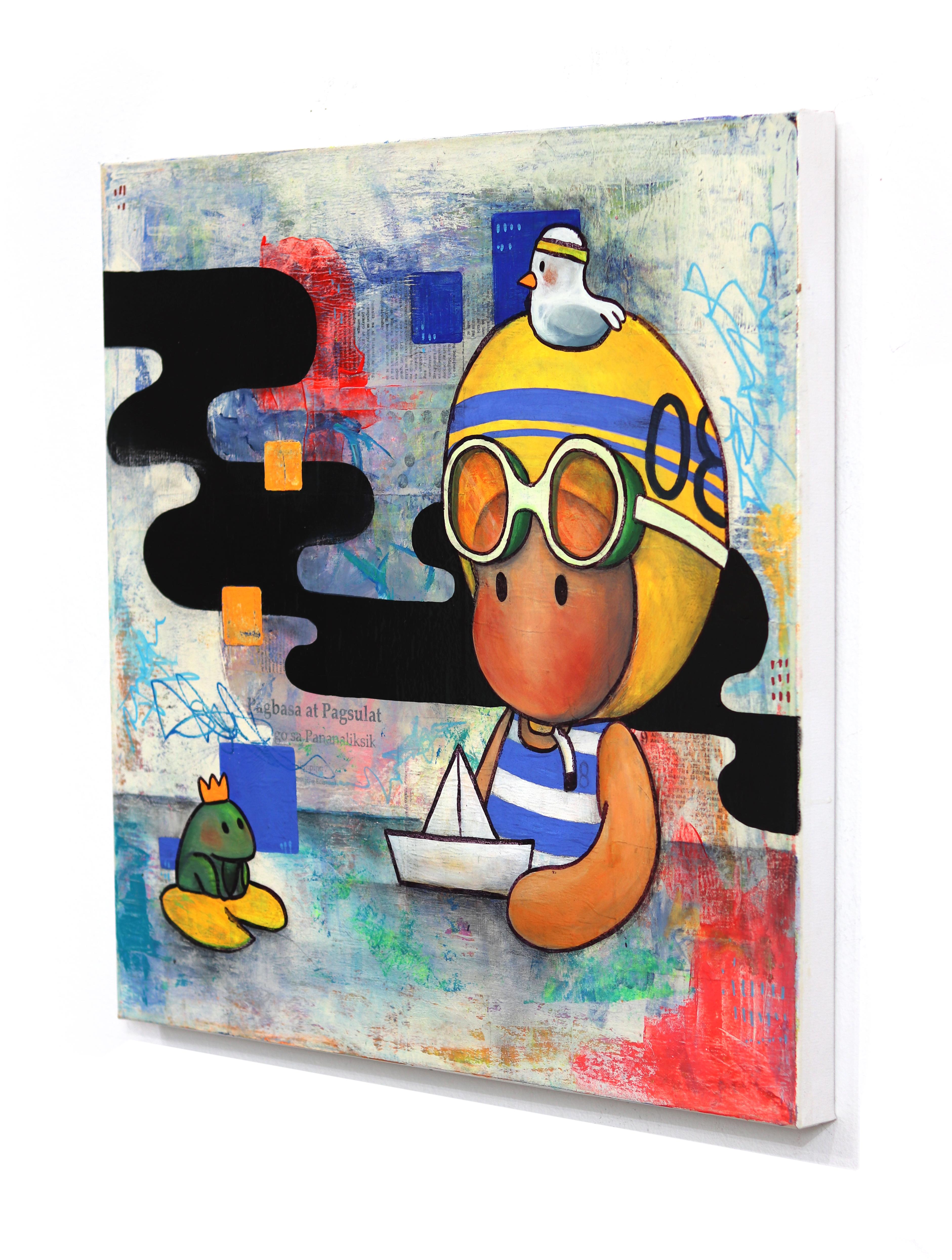 The One With The Paper Boat - Abstract Whimsical Mixed Media Figurative Artwork For Sale 1