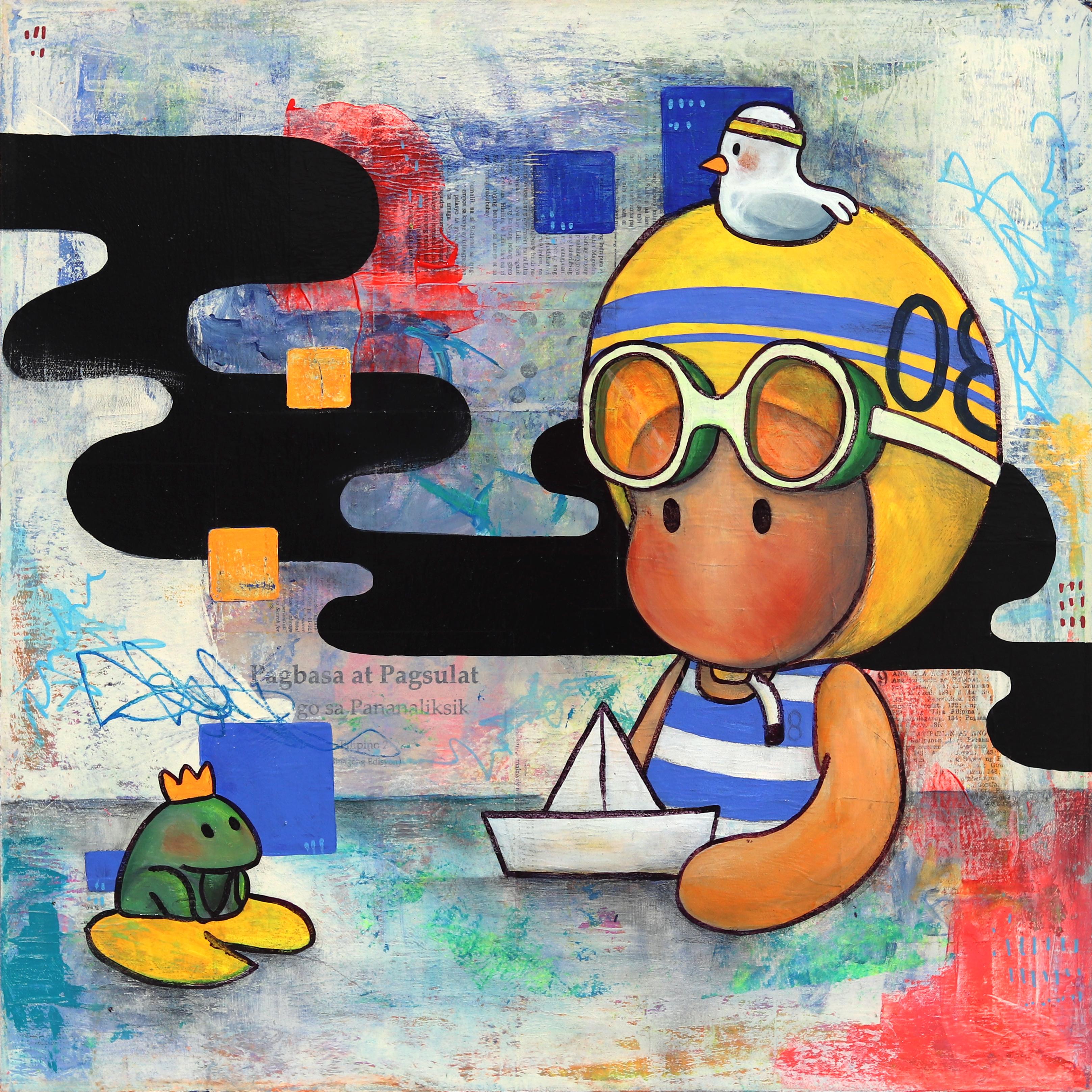 The One With The Paper Boat - Abstract Whimsical Mixed Media Figurative Artwork
