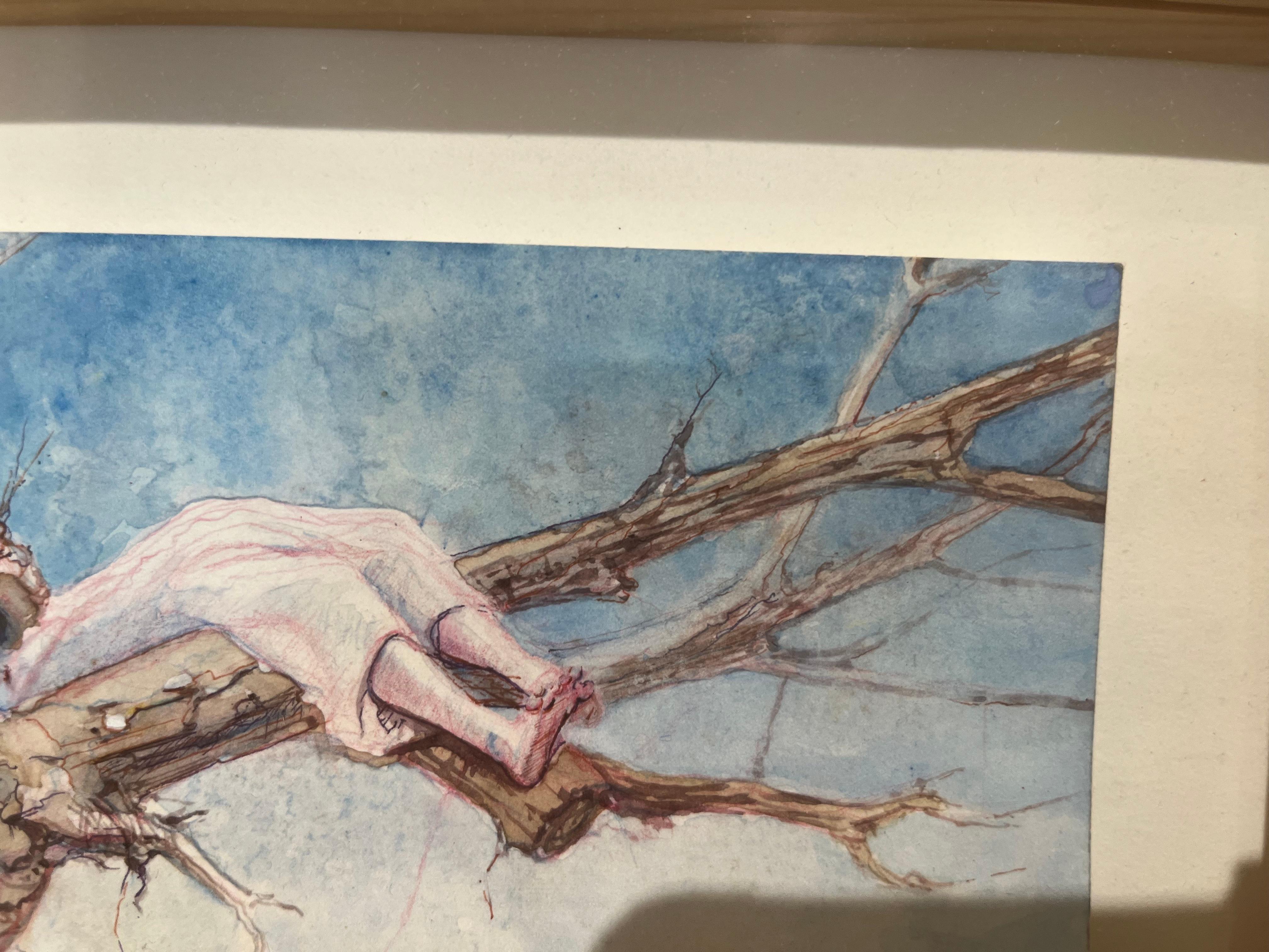 Schlafen im Baum eine surreale Aquarell-Landschaft mit einer weiblichen Figur auf einem Branch im Angebot 6