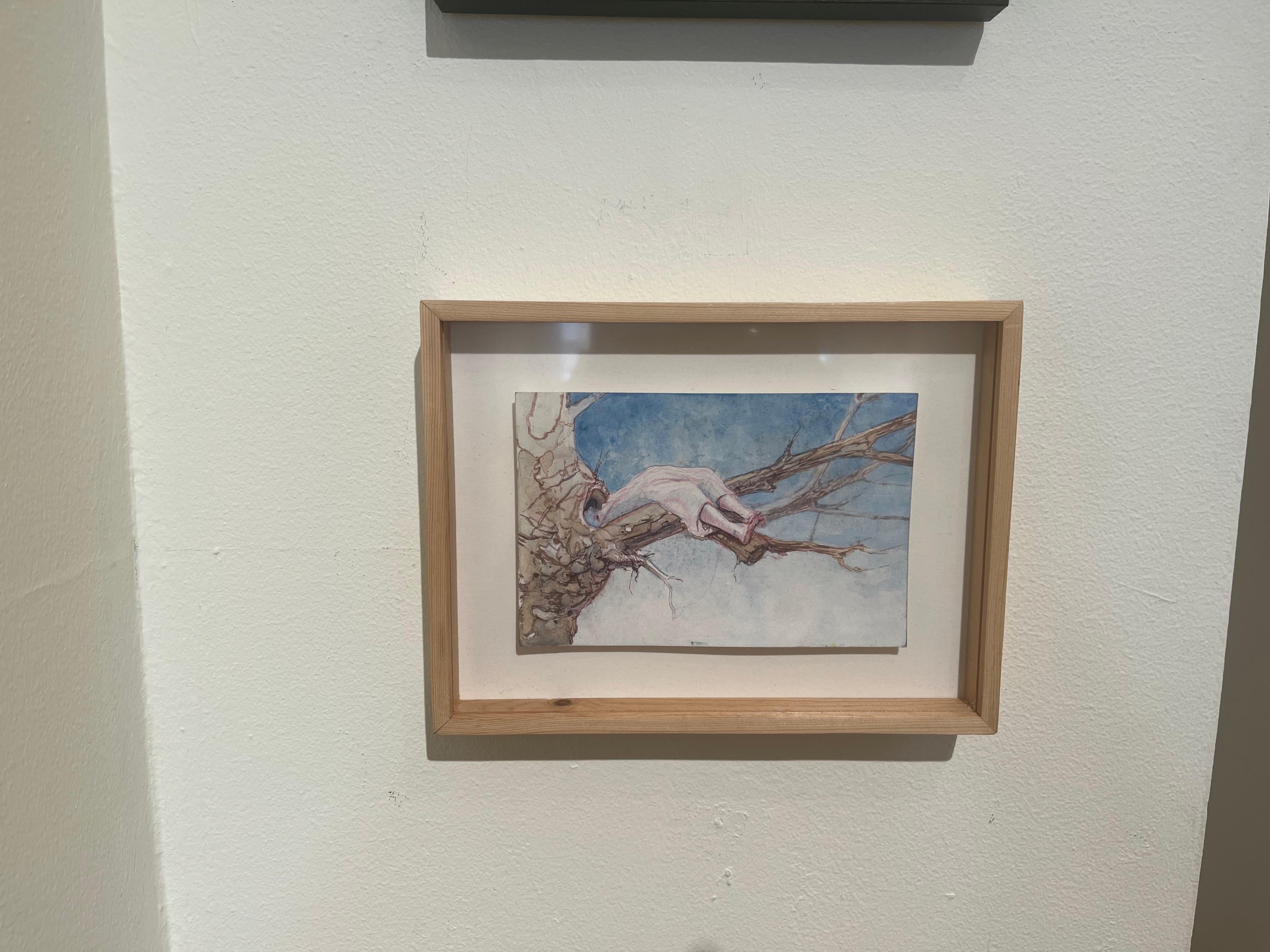 Schlafen im Baum eine surreale Aquarell-Landschaft mit einer weiblichen Figur auf einem Branch (Amerikanischer Realismus), Painting, von Melanie Vote