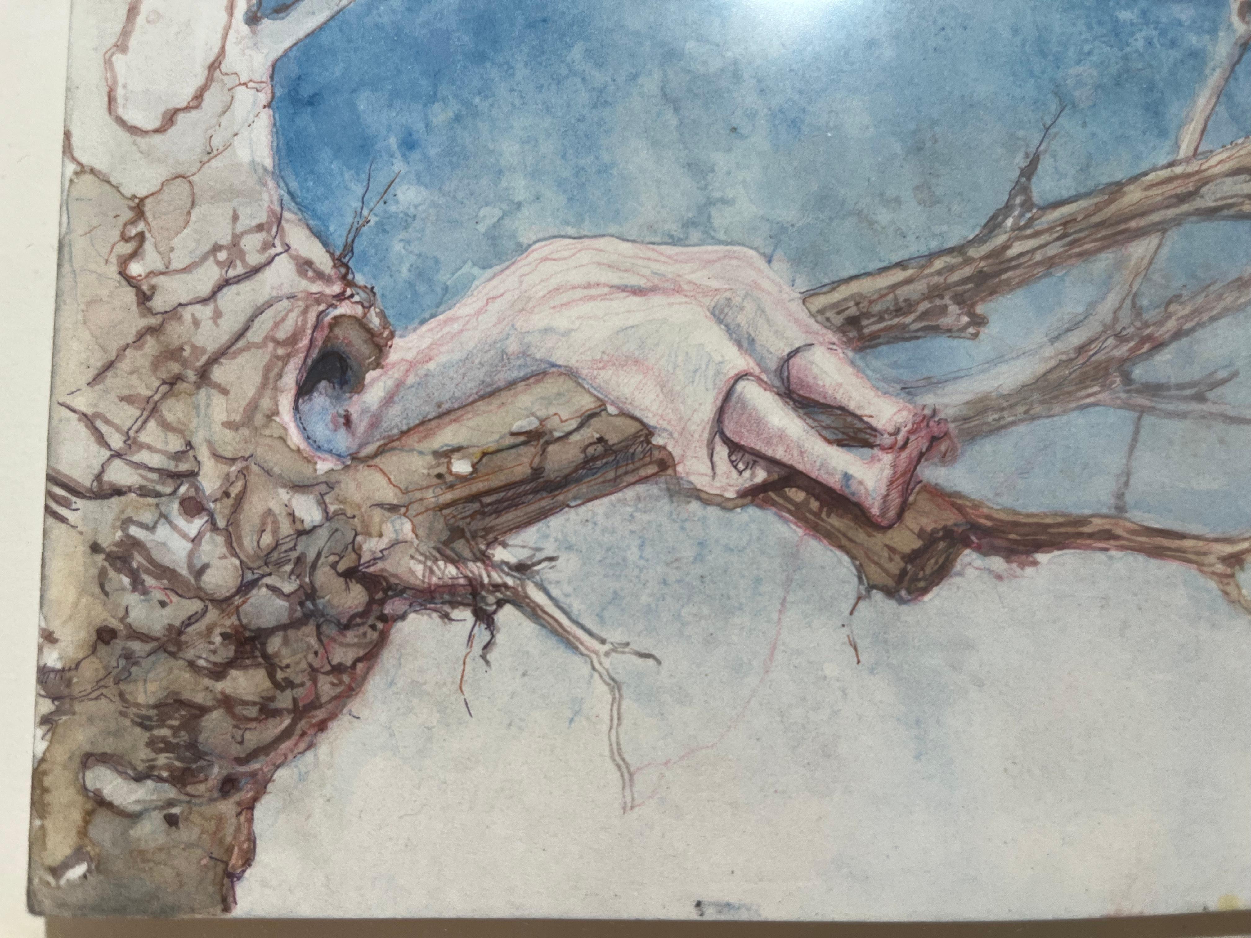 Schlafen im Baum eine surreale Aquarell-Landschaft mit einer weiblichen Figur auf einem Branch im Angebot 1