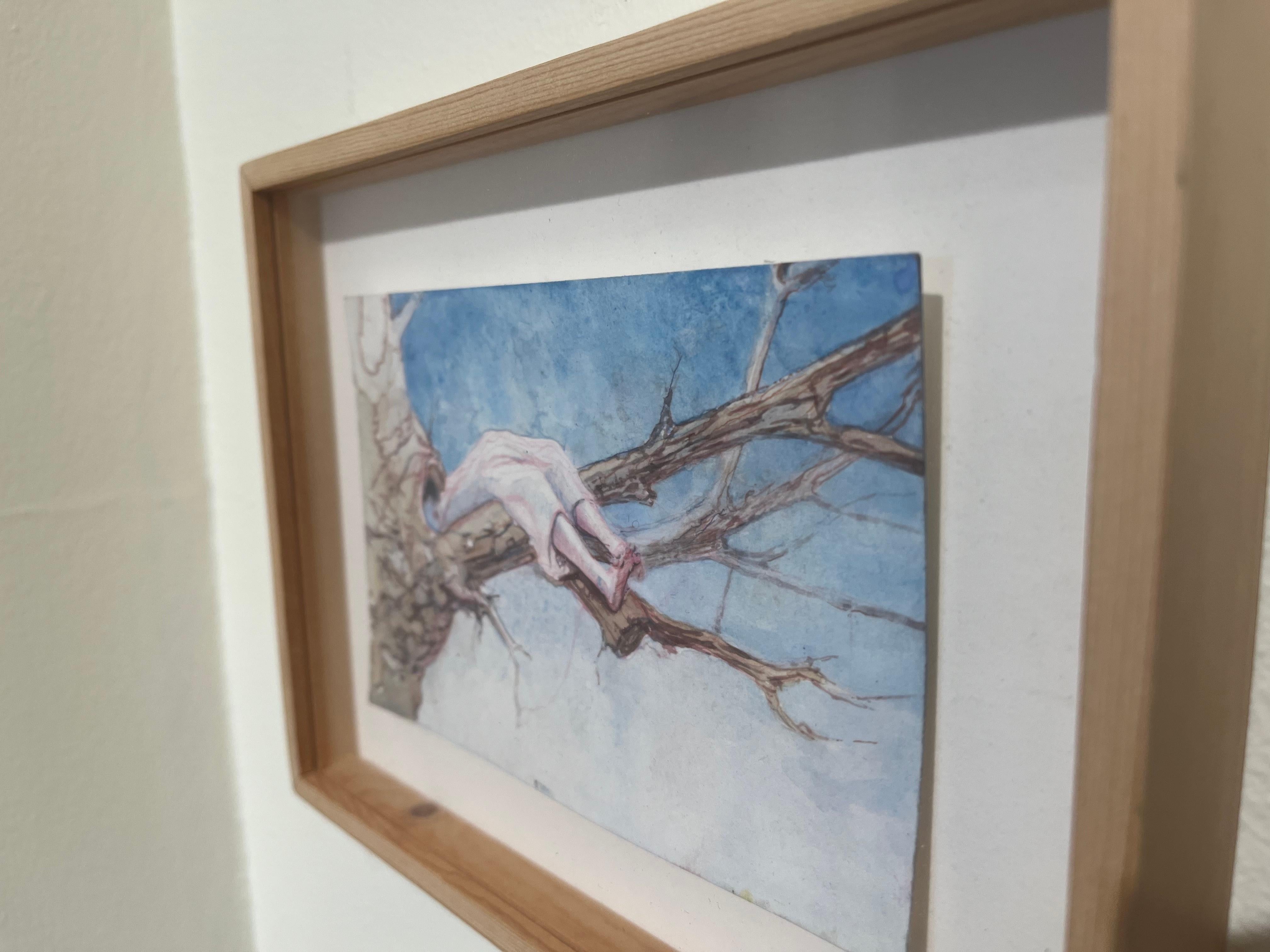 Schlafen im Baum eine surreale Aquarell-Landschaft mit einer weiblichen Figur auf einem Branch im Angebot 2