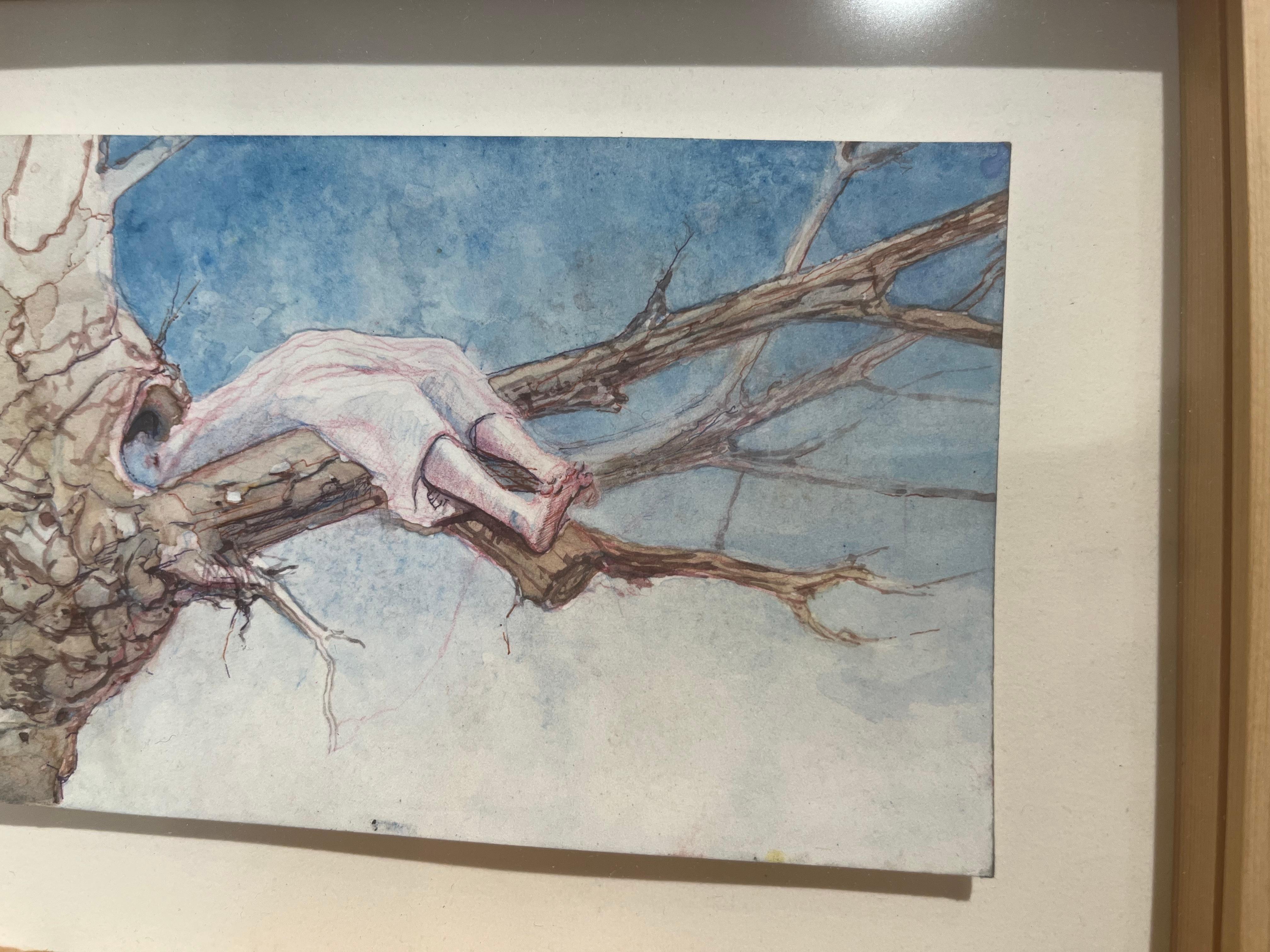 Schlafen im Baum eine surreale Aquarell-Landschaft mit einer weiblichen Figur auf einem Branch im Angebot 3