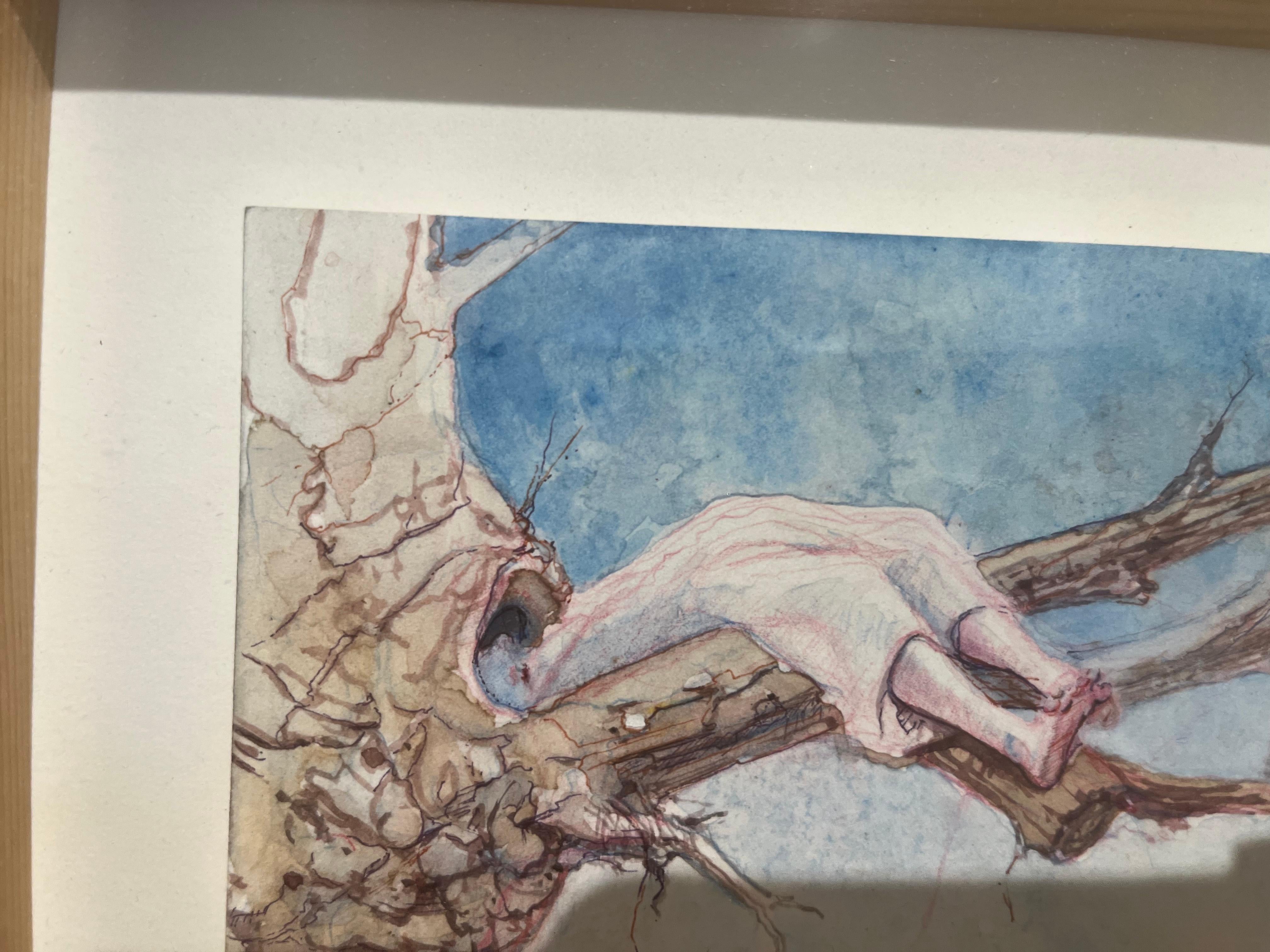 Schlafen im Baum eine surreale Aquarell-Landschaft mit einer weiblichen Figur auf einem Branch im Angebot 4