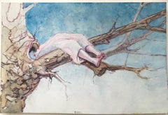 Dormir dans un arbre un paysage surréaliste à l'aquarelle avec une figure féminine sur une branche