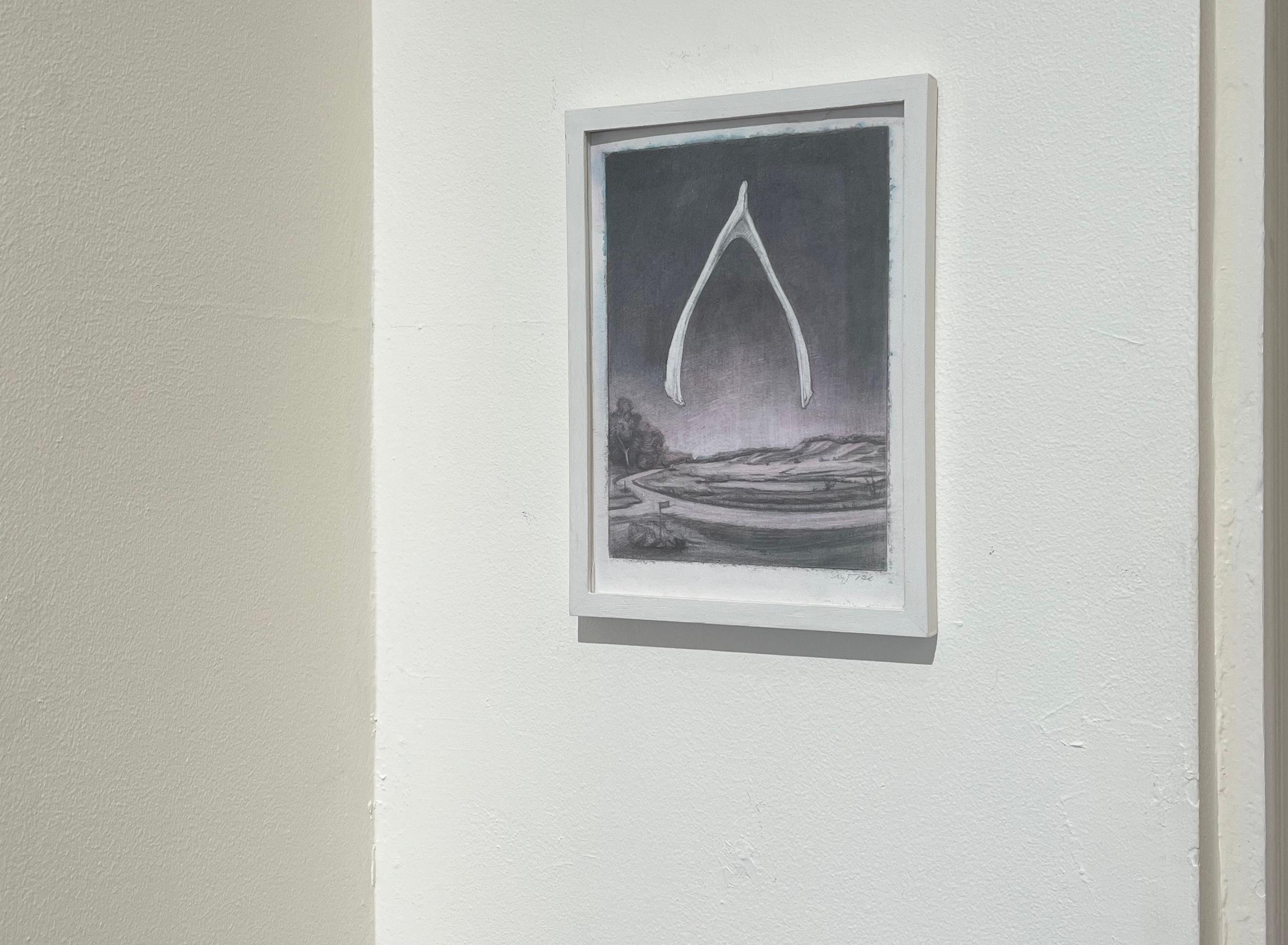 Wish, a Surrealistic Watercolor Landscape with a Floating Wishbone the the Sky - Painting by Melanie Vote