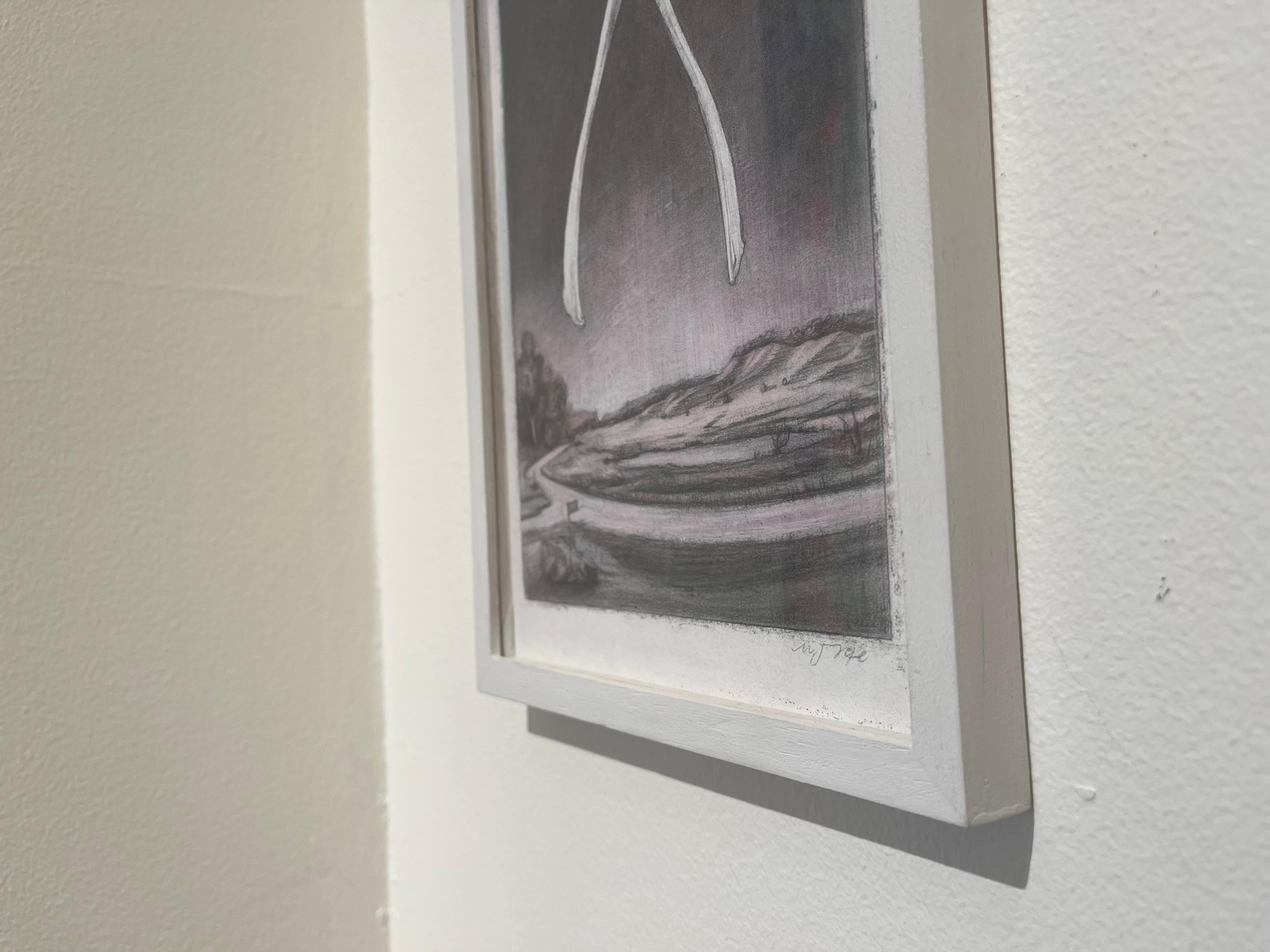 This stunning piece by Melanie Vote exemplifies her signature style of subtly surreal landscapes. Featuring a traditional old-master type landscape, the work takes an unexpected turn with a large wishbone floating mysteriously in the sky. The